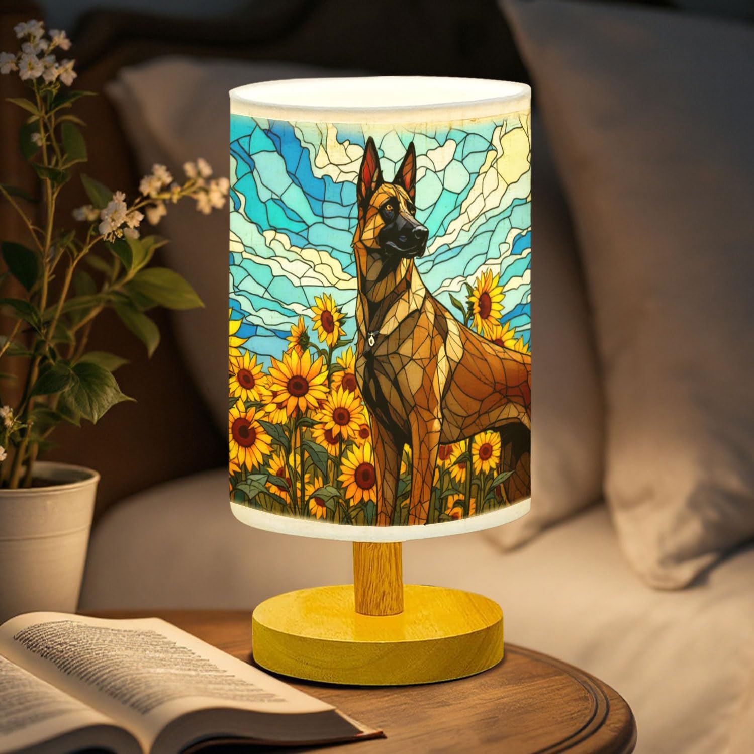 44Memory Belgian Malinois Table Lamp Led 3-Color Pressed Bedside, Dog Shade Lamp With Wood Base For Bedroom Living Room Desk Office