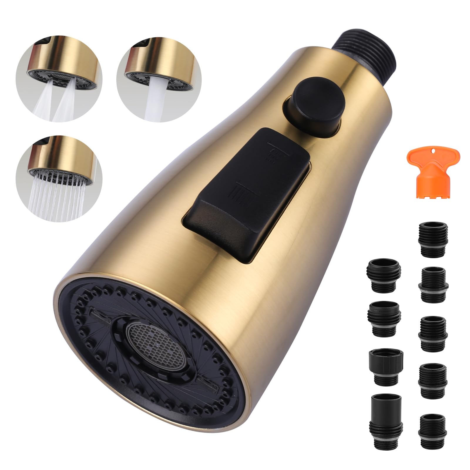 Arcora Kitchen Faucet Spray Head Brushed Gold, 3-Function Kitchen Sink Spray Nozzle With 9 Adapters, Kitchen Faucet Head Replacement Compatible With Moen, Delta, American Standard Faucets