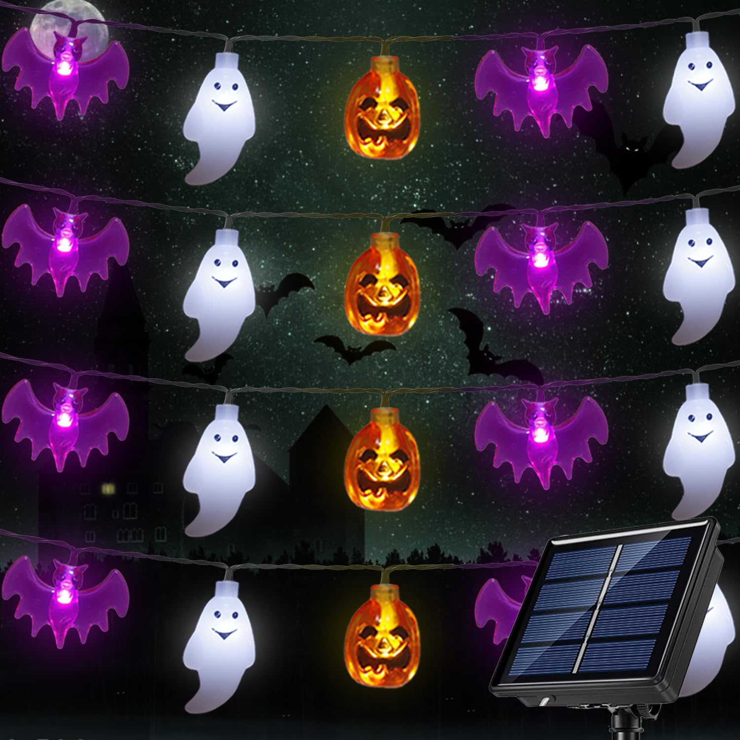 Mankinlu 21 Ft 30 Led 3D Pumpkin Bat Ghost Halloween String Lights, Waterproof Solar Powered, Indoor/Outdoor
