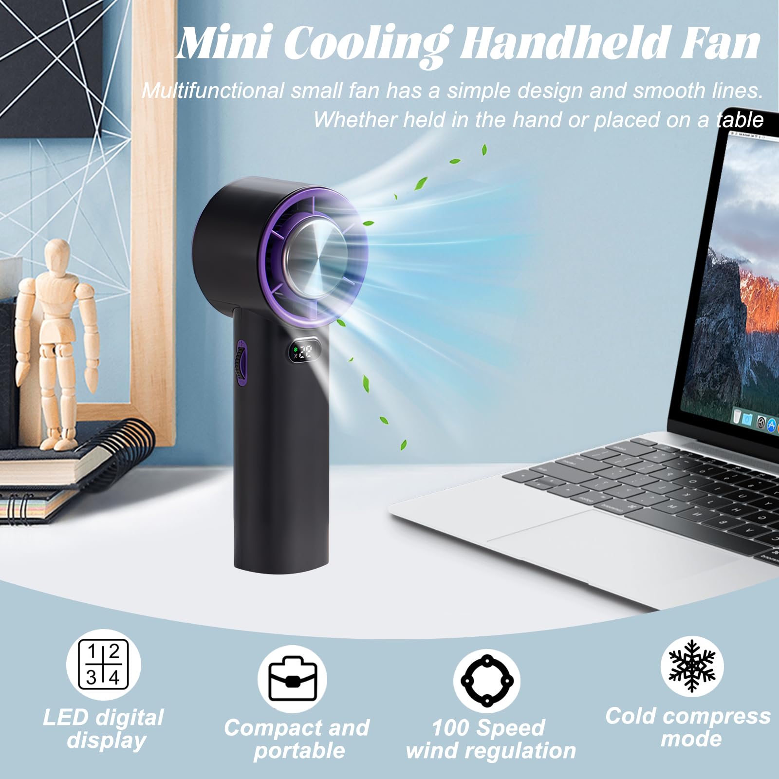 Portable Handheld Fan, 100 Speed Mini Cooling Desk Fan, Quiet Handheld Fan With Digital Display, Usb