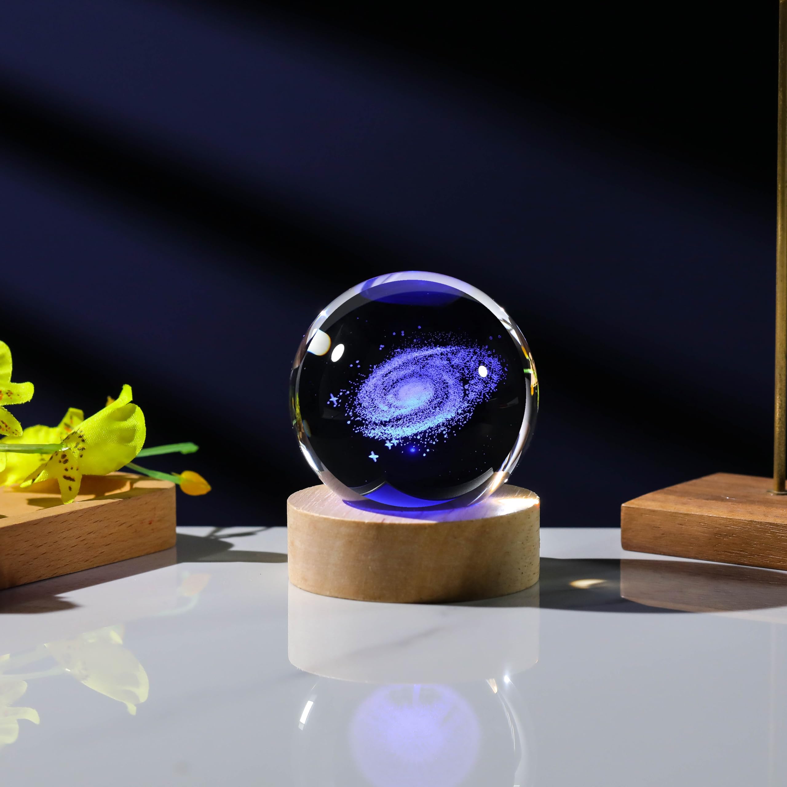 Precious Memorial 3D Galaxy Crystal Ball Night Light With Remote  2.36 Inch Galaxy Planets Glass Ball Lamps With 16 Color Led Wooden Base For Birthday, Astronomy Space Universe  For Boys Girls