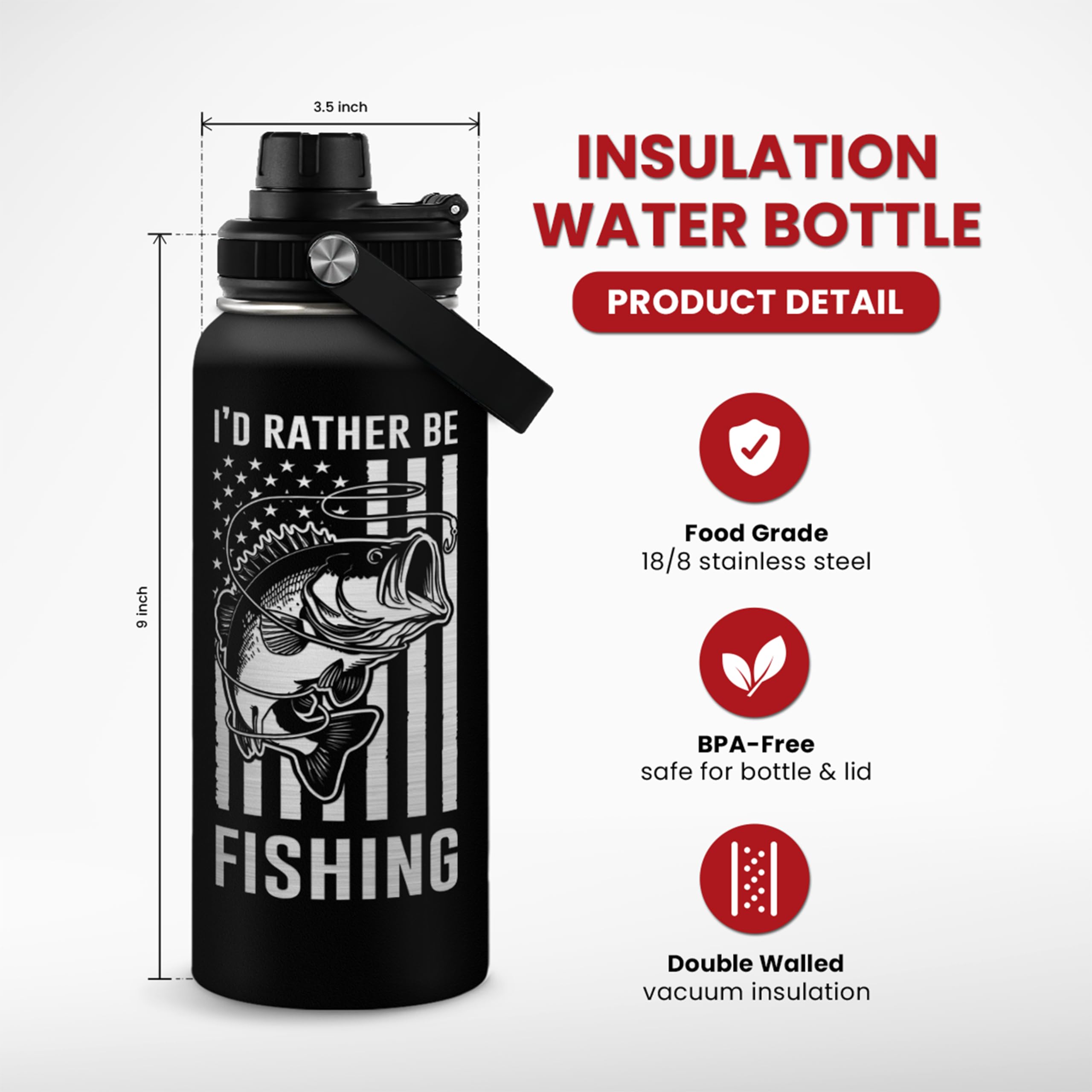 Sandjest Fishing Water Bottle - 32Oz Stainless Steel Insulated Bottles With Lid - Deer Fishing