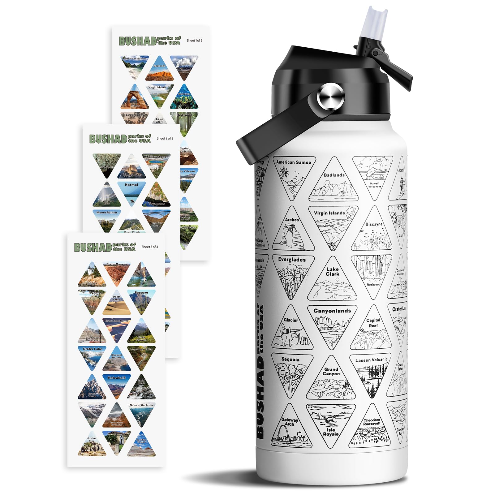 National Parks Water Bottle With Stickers  32Oz Wide Mouth Leakproof Stainless Steel Bucket List
