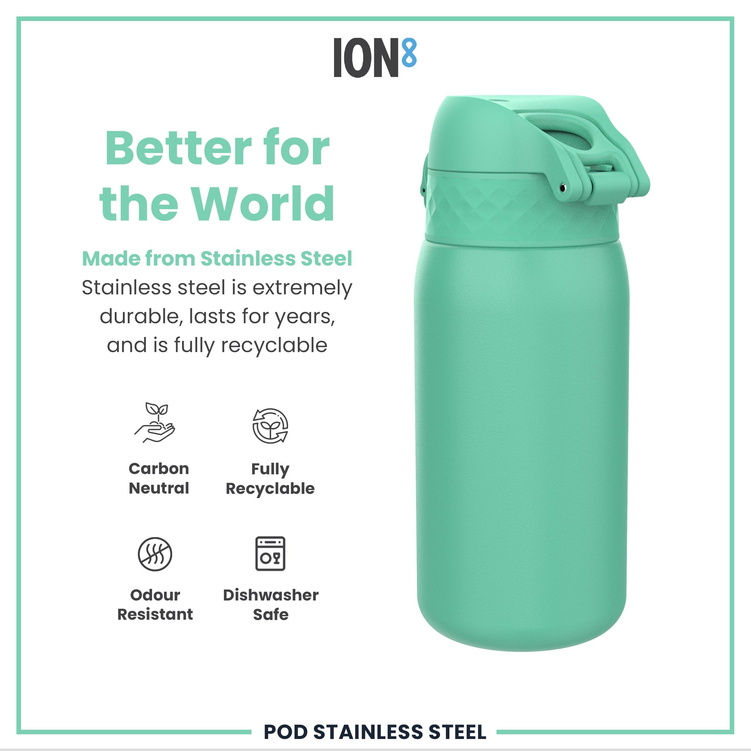 Ion8 Kids Water Bottle, Steel 400 Ml/13 Oz, Leak Proof, Easy To Open, Secure Lock, Dishwasher Safe