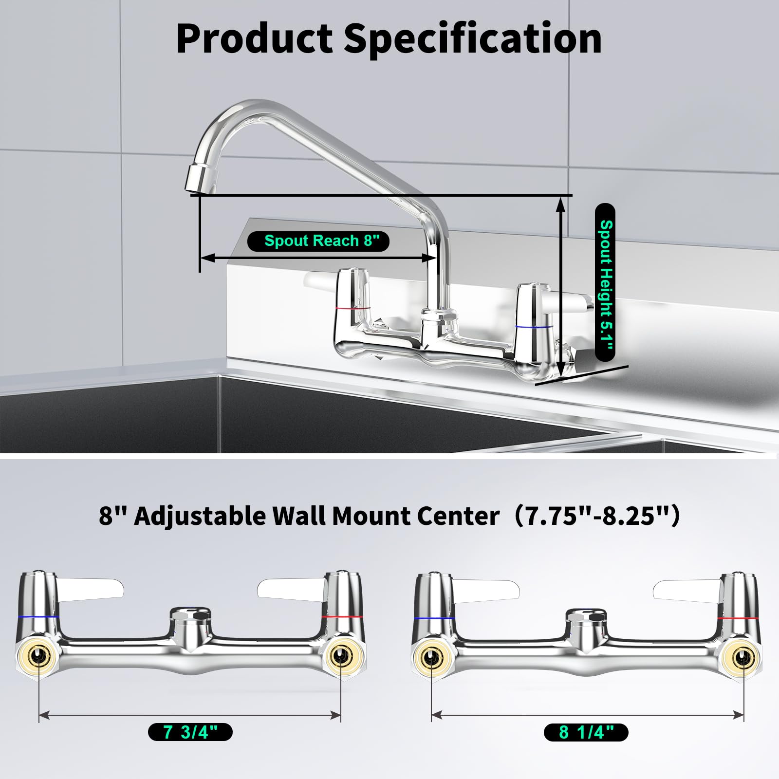 Mstjry Commercial Wall Mount Faucet For Kitchen: Utility Sink Faucet 8 Inch Center Kitchen Sink Faucet With 8" Spout - Brass Constraction - Ideal For Restaurant Laundry Industrial (Polished Chrome)