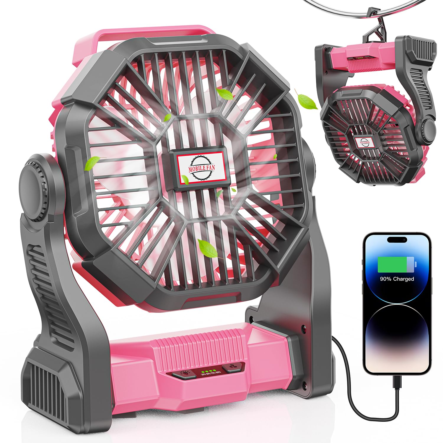 Camping Fan With Led Lantern, 20000Mah Portable Rechargeable Battery Powered Table Fan With Hook - Koospark