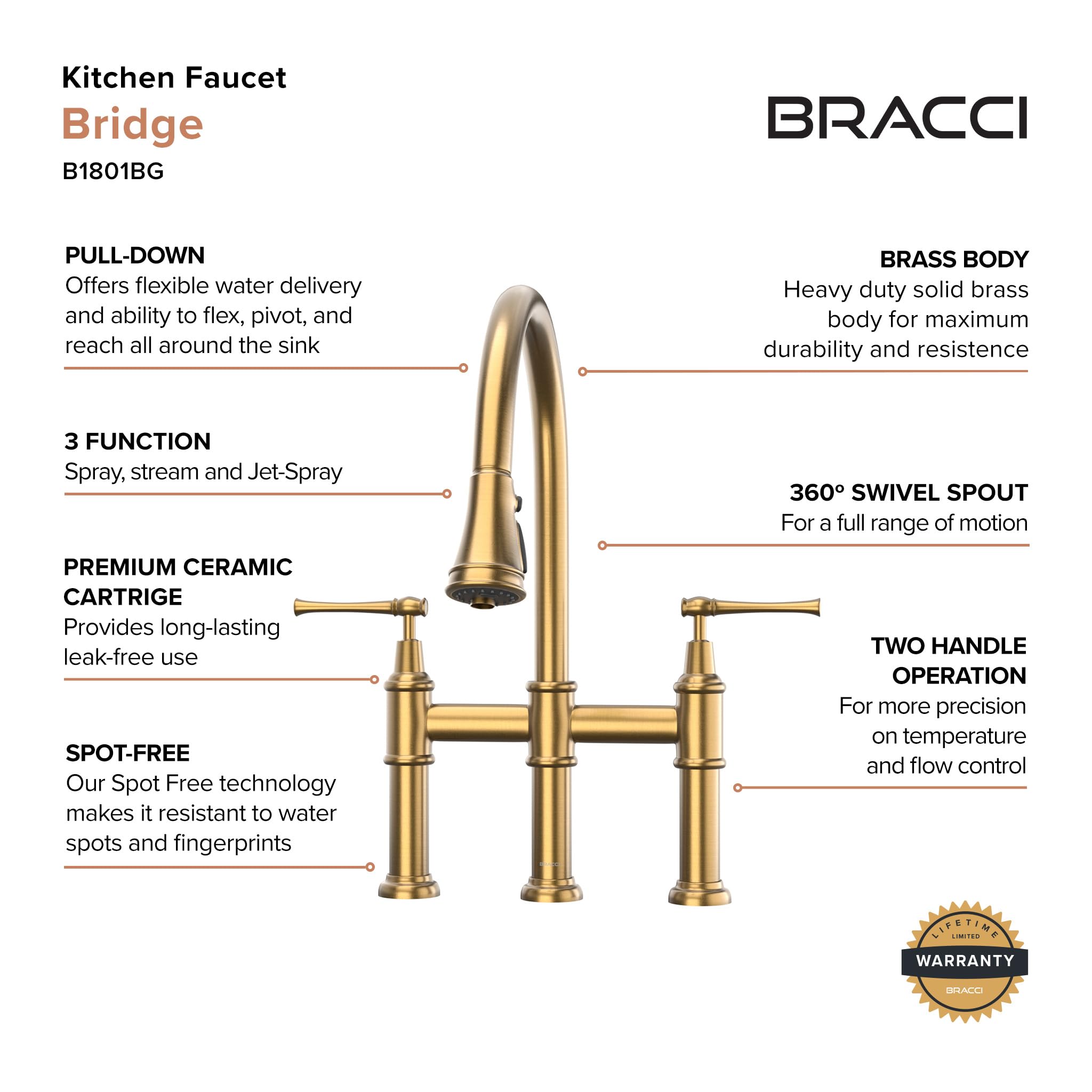 Bracci Bridge Two Handle Pull-Down Bridge Kitchen Faucet In Brushed Gold