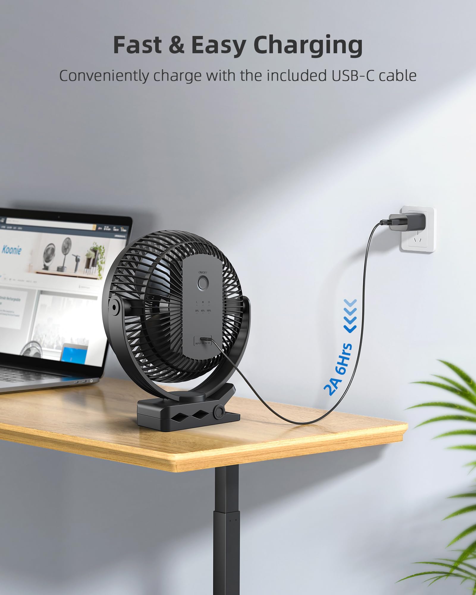 Koonie 10000mAh Clip on Fan Rechargeable, 8-Inch Battery Operated Desk Fan, USB Fan, 4 Speeds, Strong Airflow, Sturdy Clamp - Koospark