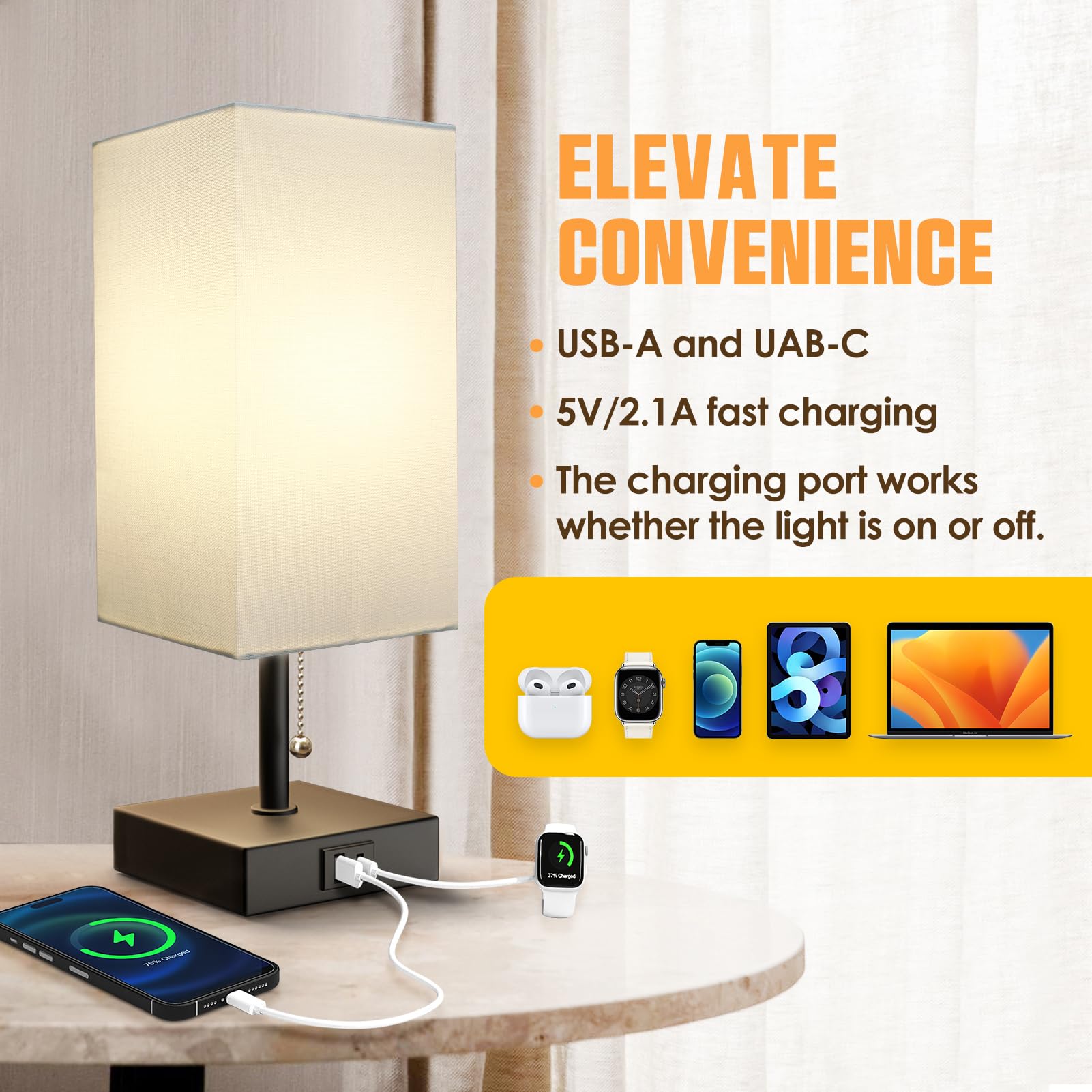 Pritsau Bedside Table Lamp, Pull Chain For Bedroom With Usb-C Usb-A Charging Ports, 2700K Led Bulb With Fabric Lampshade, Nightstand Lamp For Living Room Bedroom Office Study Room (White)