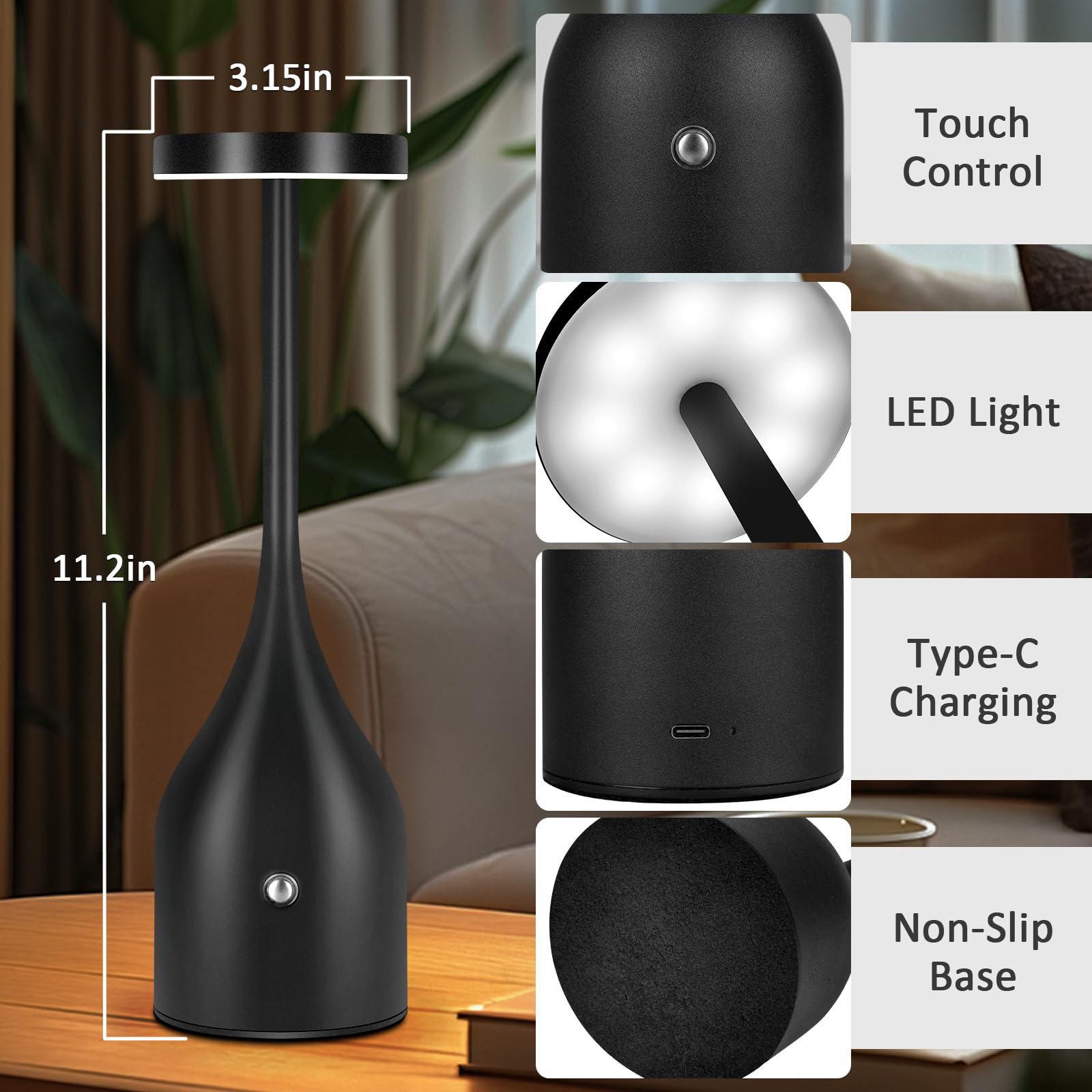 Yinduz Cordless Table Lamp Set Of 4, Rechargeable 3 Color Stepless Dimming Battery Operated Lamp, Portable Metal Desk Lamps, 5000Mah Led Table Light For Restaurant Bedroom Bedside, Touch Control Light