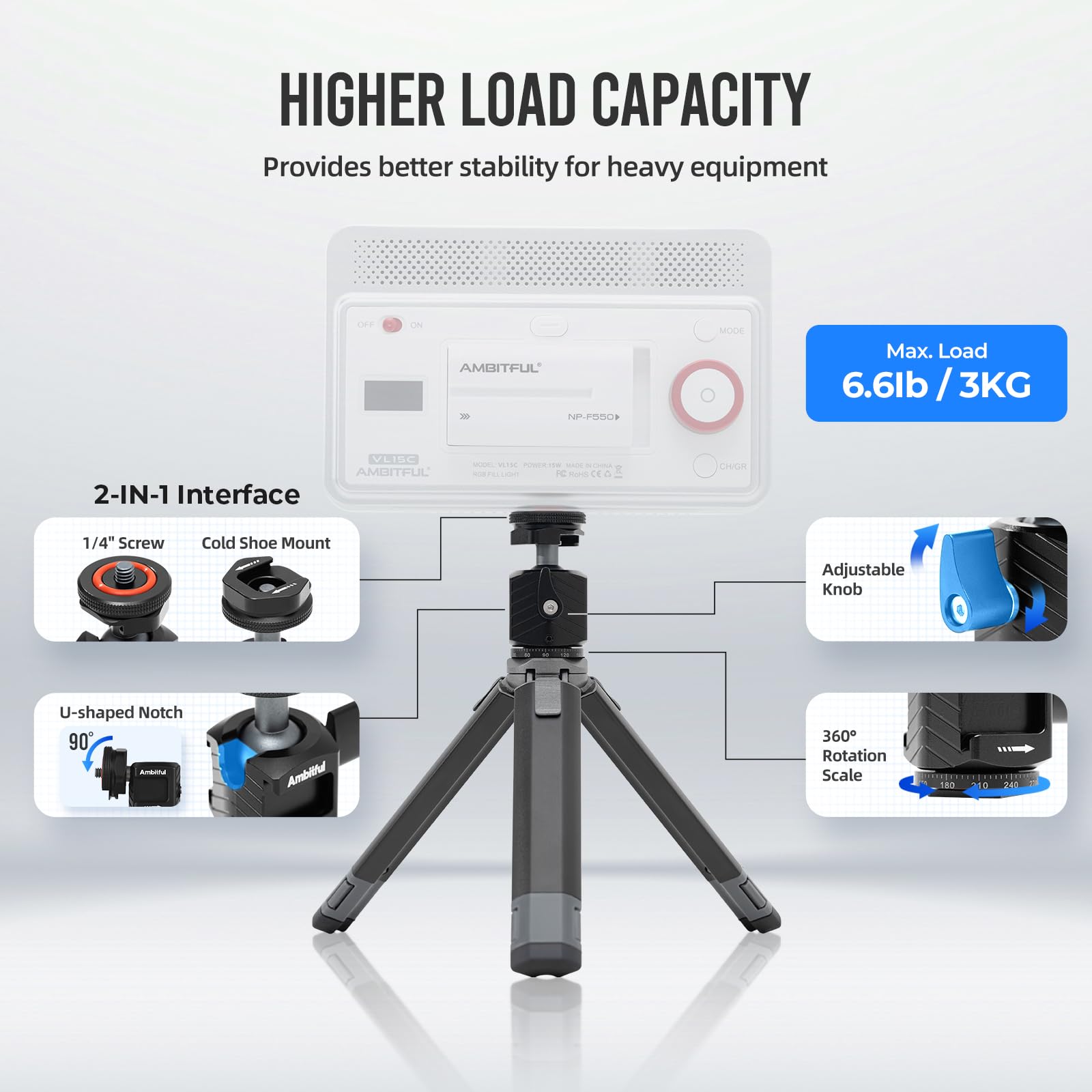 Ambitful Gt-07 Mini Tripod Stand Holder,Travel Tripod,With 360° Ball Head,Cold Shoe Mount,1/4 Inch Screw For Dslr Camera Video/Camcorder/Camera Mobile Phone Action Cam,Max. Load 6.6Lb