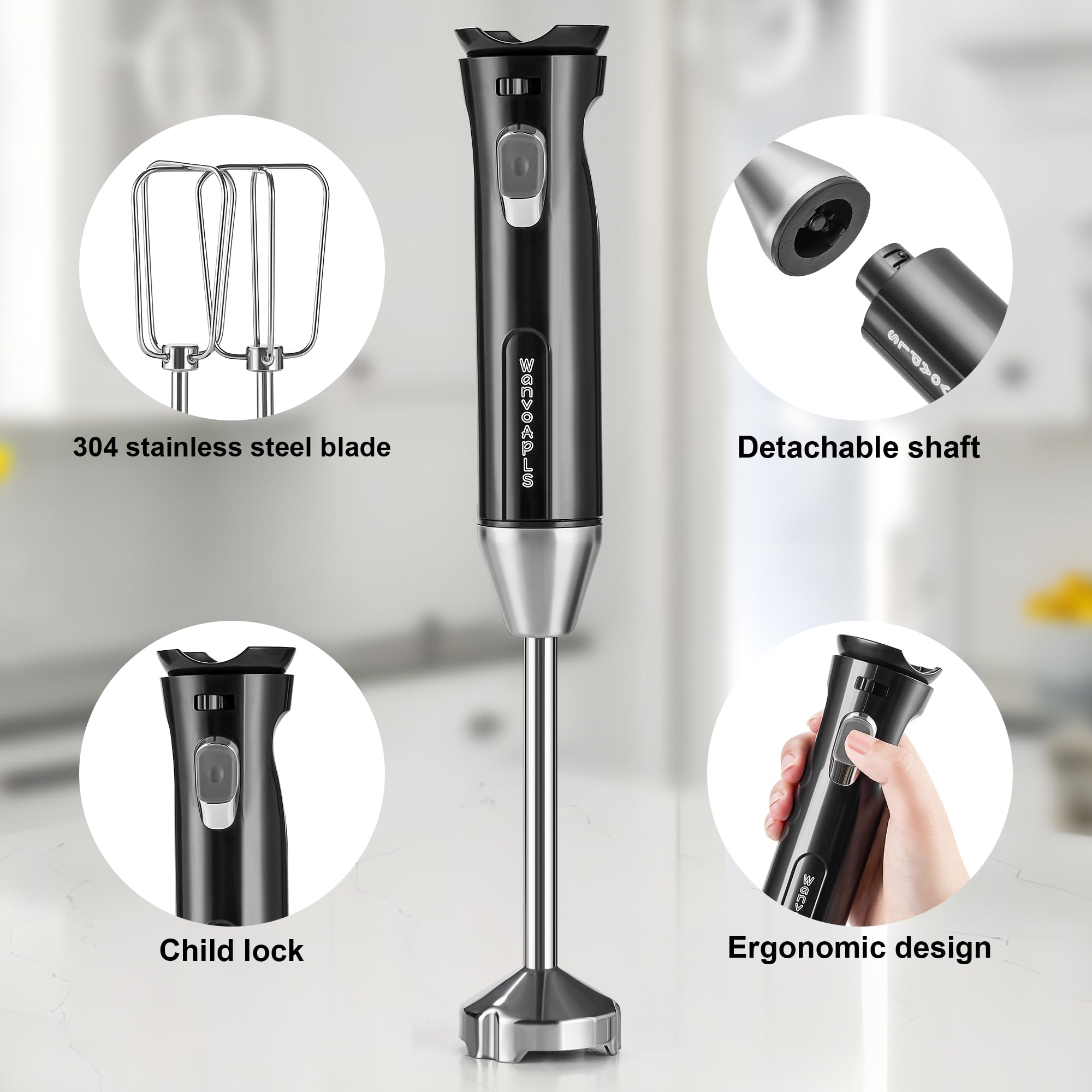 Wanvoapls Immersion Blender Handheld, Hand Mixer With Sharp Blades, Kitchen Gadgets, Stick Blender Perfect For Smoothies, Soups, And Sauces Portable Mixer Compact And Easy To Clean