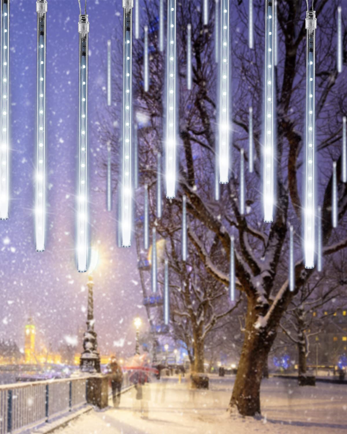 Flacchi White 10 Tube 240 Led Raindrop Meteor Shower Icicle Lights With Timer Function For Holiday Party Christmas Decorations
