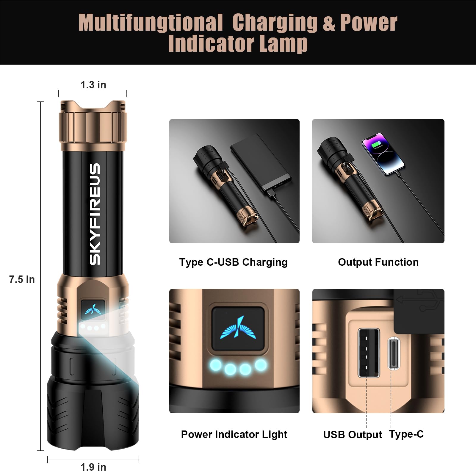 Skyfire Led Flashlights High Lumens With Ignition Lens,1500000Lm Super Bright Rechargeable Flashlight, Zoomable,Four Modes,Waterproof Tactical Flash Light For Camping Essentials,Outdoor And Home