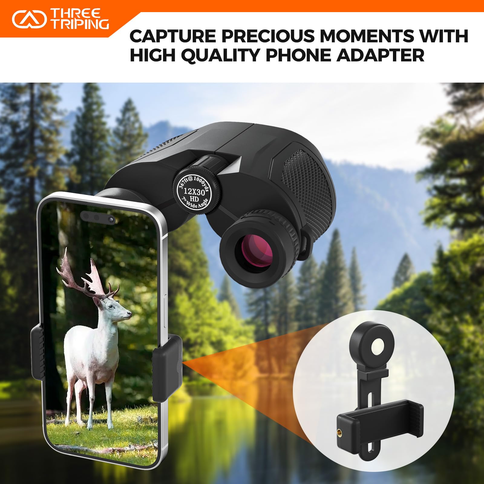 Three Triping 12X30 Compact Binoculars For Adults Kids, High Powered Lightweight Small Binoculars With Phone Adapter For Bird Watching Hiking Cruise Safari Viewing Football Sports Concert, Waterproof Bak4 Binocular