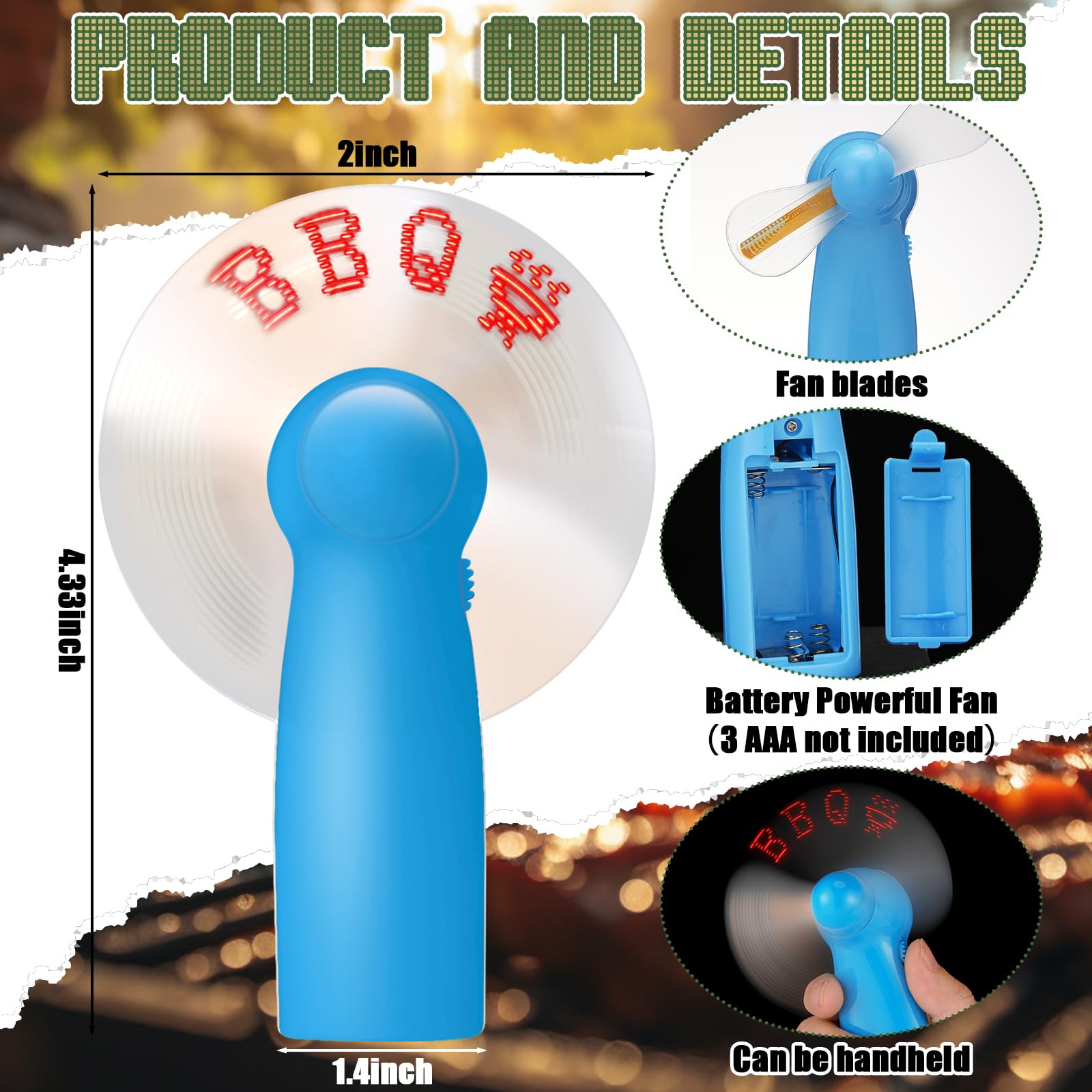 Small personal fans with LED light perfect for BBQ parties travel and outdoor use