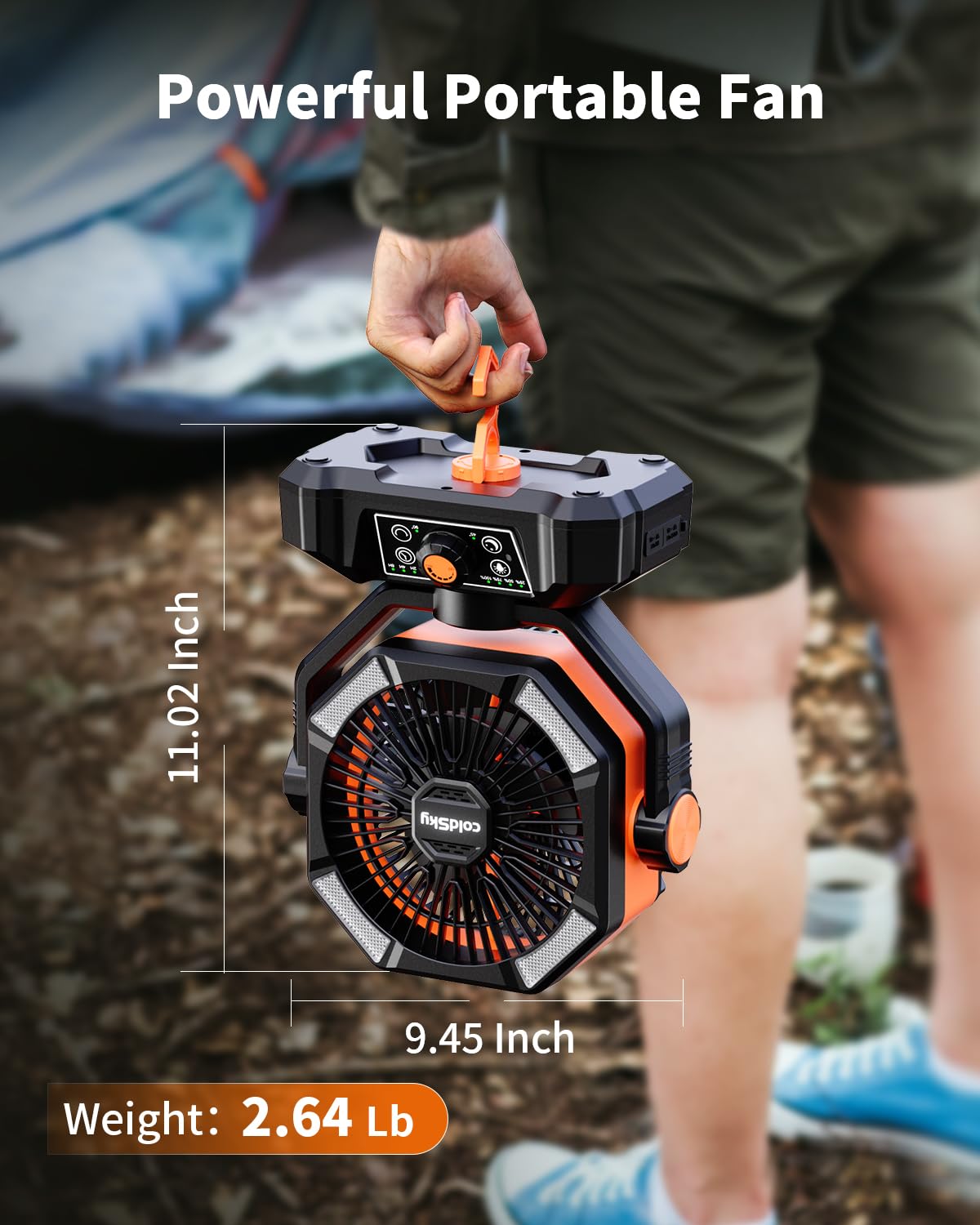 Battery operated camping fan with dual motors, LED lantern lights, and 8 speeds