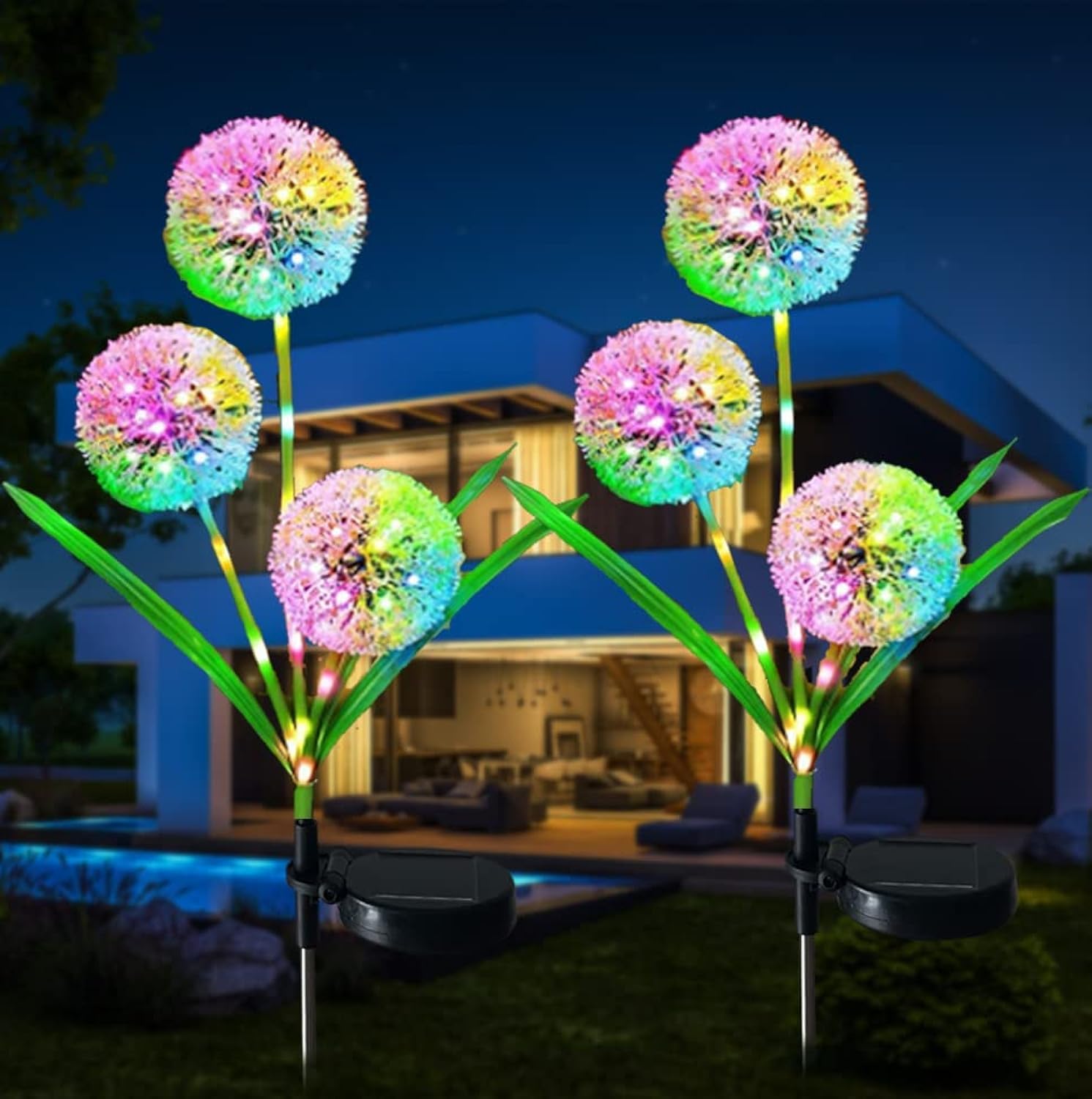 Xrr Solar Lamps For Outdoor Garden, 2 Pieces Solar Lights Garden Decoration 7 Colour Change Led Solar Garden Light Dandelion Waterproof Solar Flower Lamp For Terrace, Lawn And Patio
