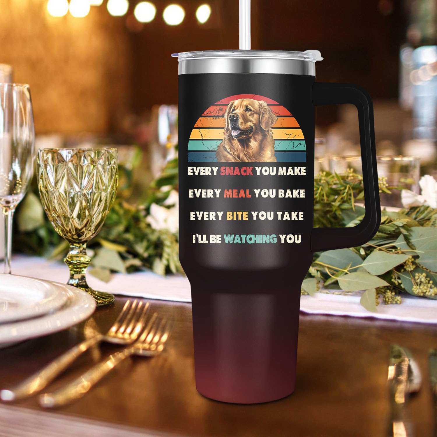 Golden Retriever Tumbler For Dog Owner , Water Bottle With Handle, Insulated Reusable Stainless
