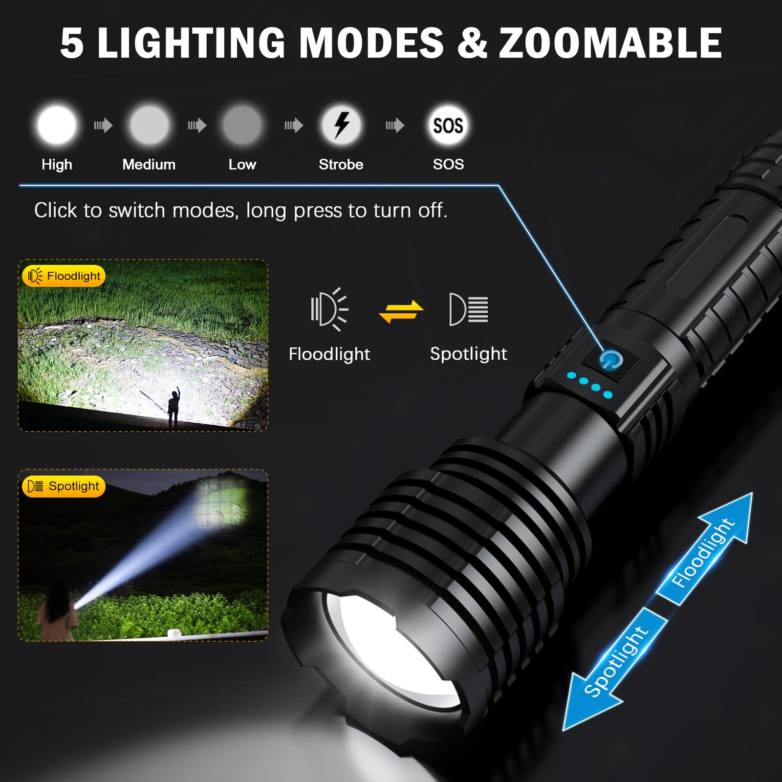 Weoxi Rechargeable Flashlights 2400000 High Lumens,Super Bright Led Flashlight For Home Emergency, Waterproof Handheld Flashlights With Pouch, 5000Mah Battery, Spotlight And Floodlight Function