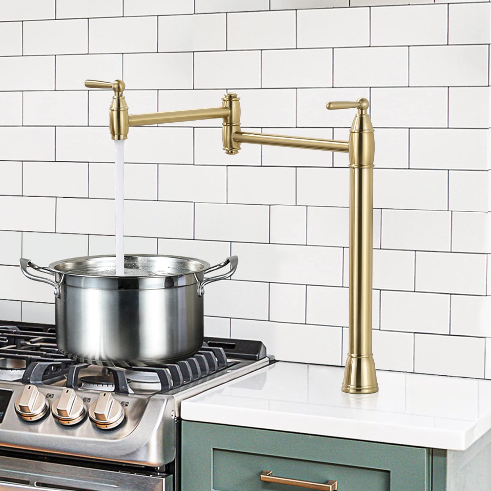Arcora Pot Filler Deck Mount Stove Faucet, Brushed Gold Pot Filler Faucet, Folding Faucet With Stretchable Double Joint Swing Arms, Solid Brass Pot Filler