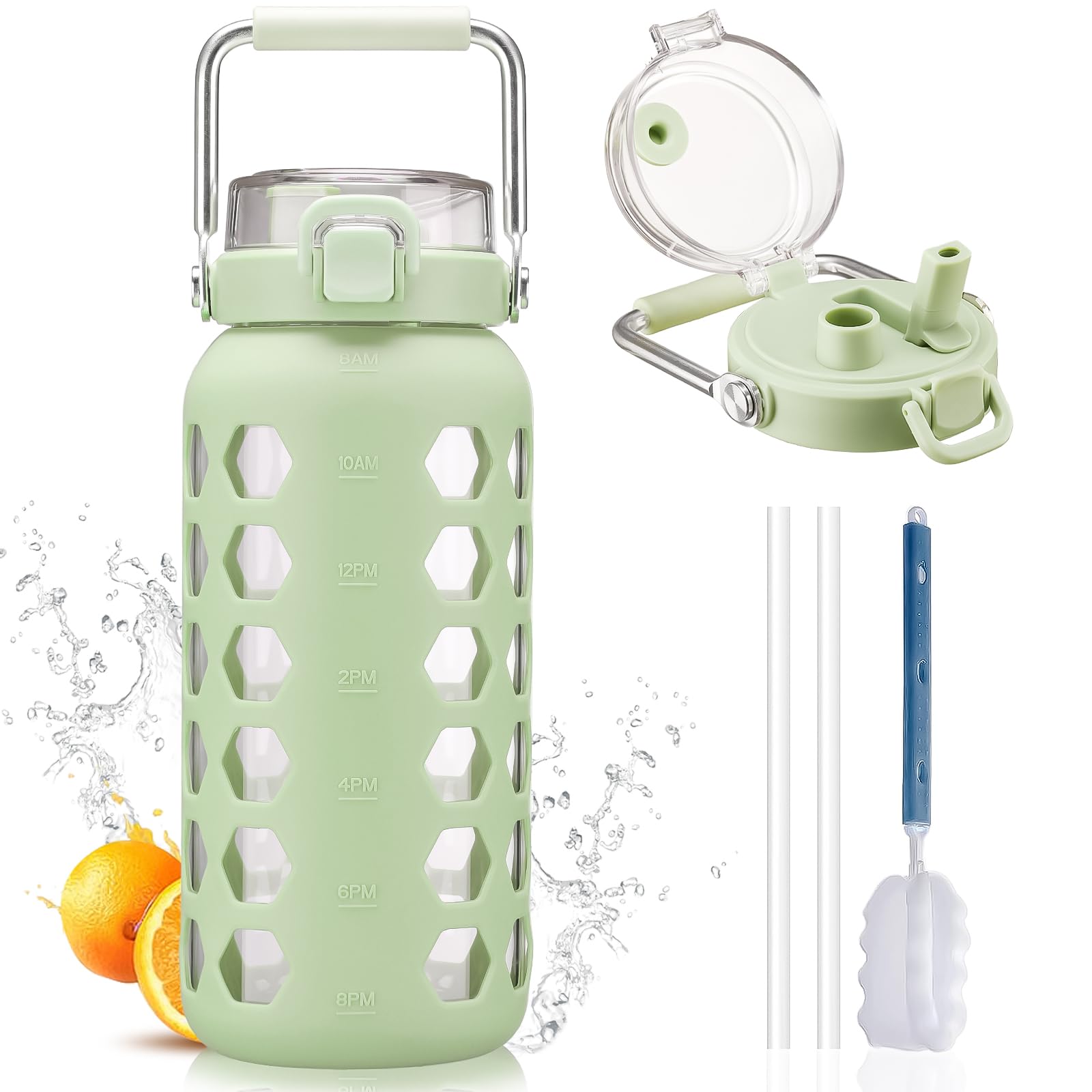 Mukoko 64Oz Glass Water Bottles With Straw And Lid,Half Gallon Water Bottle With Time Marker