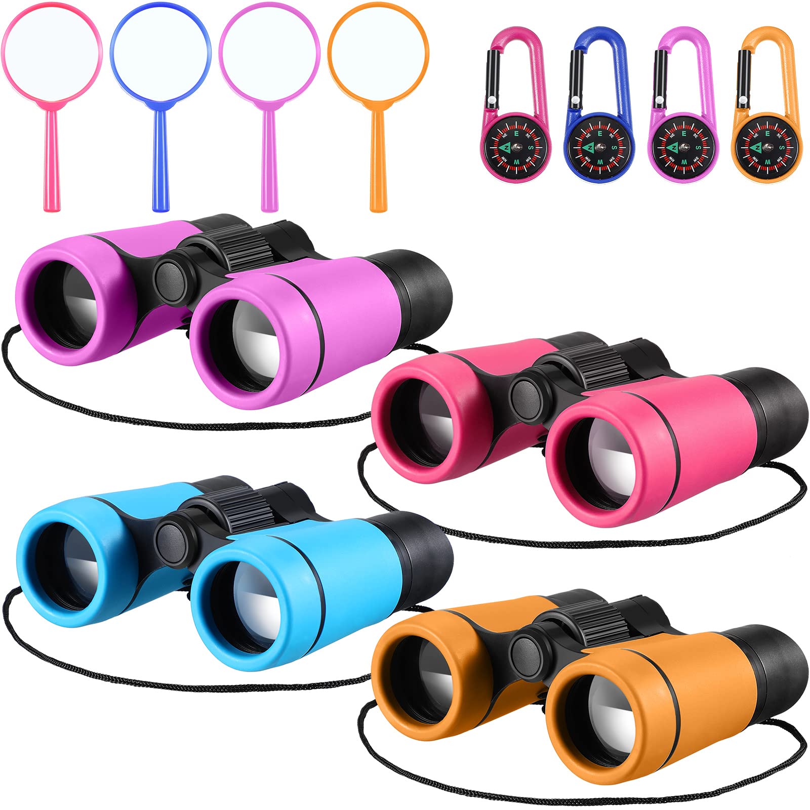 Yunsailing 4 Set Kids Binoculars Children Colorful Real Binoculars Set Shockproof High Resolution With Magnifying Glass And Compass For Bird Watching Hunting Hiking Outdoor Exploring(Bright Color)