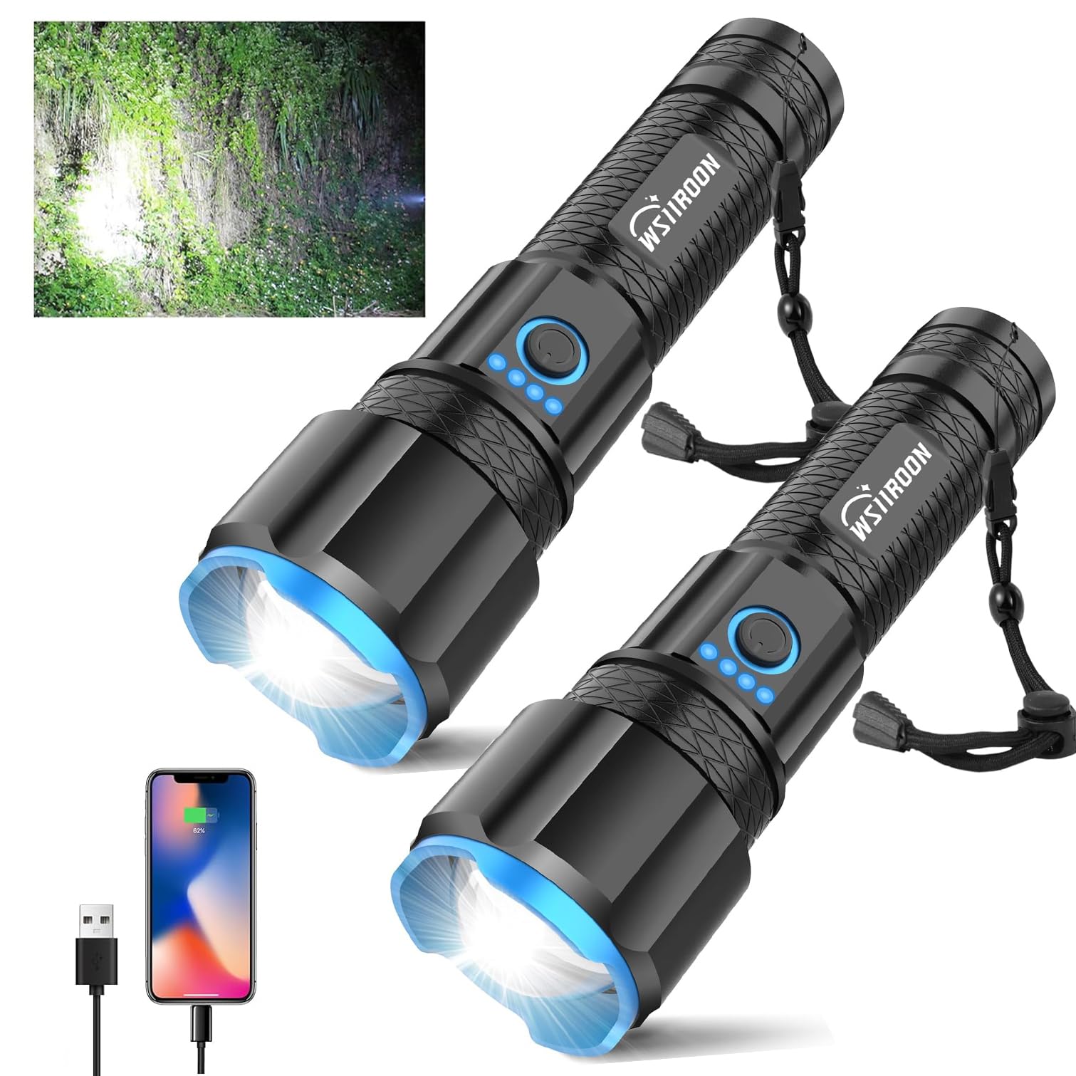 Wsiiroon Rechargeable Led Flashlights High Lumens, 220000 Lumens Super Bright Flashlight With 5 Modes,Ipx7 Watarproof, Powerful Handheld Flash Light For Home Camping Emergency(2 Pack)