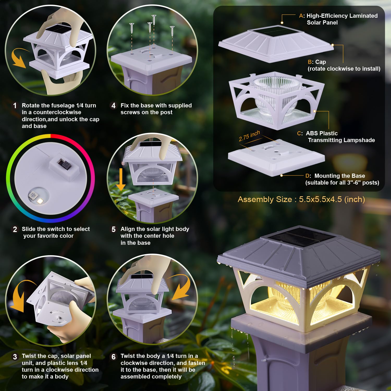 Aefreleoht Solar Post Cap Lights, 9 Colors To Choose, 20 Lumens, Warm White & Rgb Automatic Cycling & Fixed Rgb Color 3 Modes For 3.5X3.5 4X4 4.5X4.5 5X5 Wooden Posts Decoration, White (6 Pack)