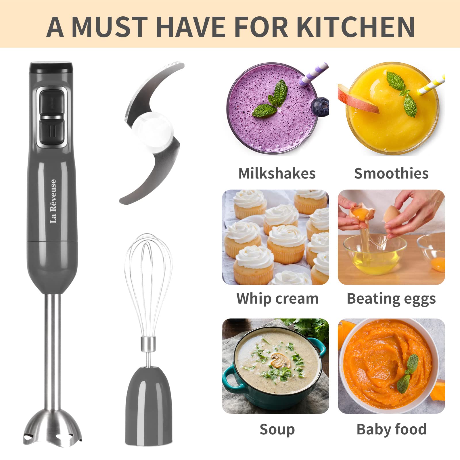 La Reveuse Immersion Blender Handheld, 3 In 1, 300 Watts 2 Speeds Multi-Purpose With Whisk,Mixing Beaker,Food Chopper Grinder Attachments