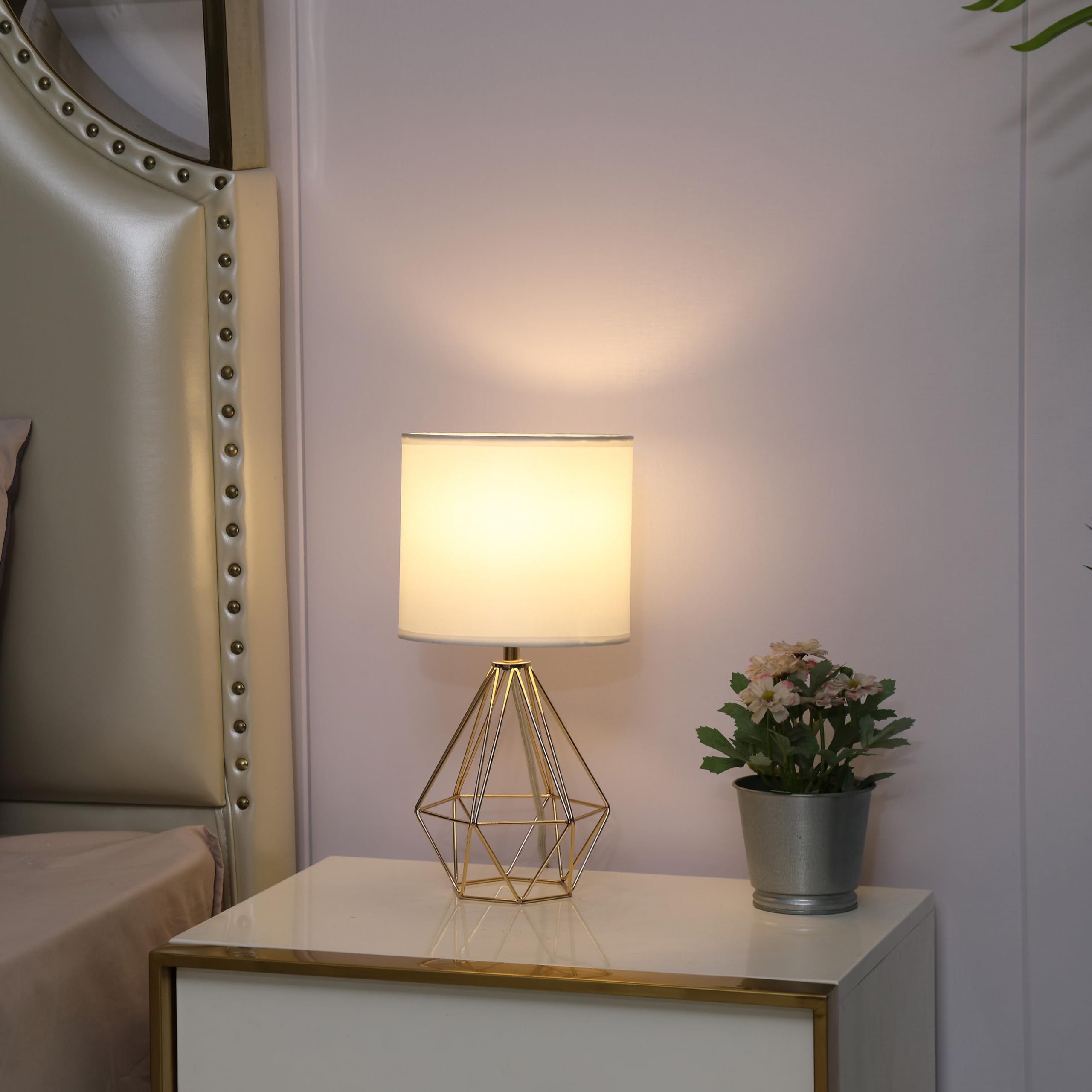 Krasty Small Gold Table Lamp Set Of 2, Bedside Nightstand Lamps With White Fabric Shade,Hollow Metal Base, Desk Lamp, Modern Geometric Table Lamp For Bedrooms, Living Room,Office