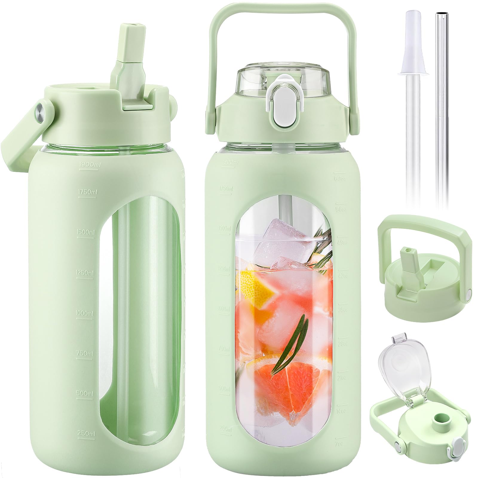 Bluego 64Oz Glass Water Bottles With 2 Lids Flip Lid And Spout Lid Half Gallon Water Bottle
