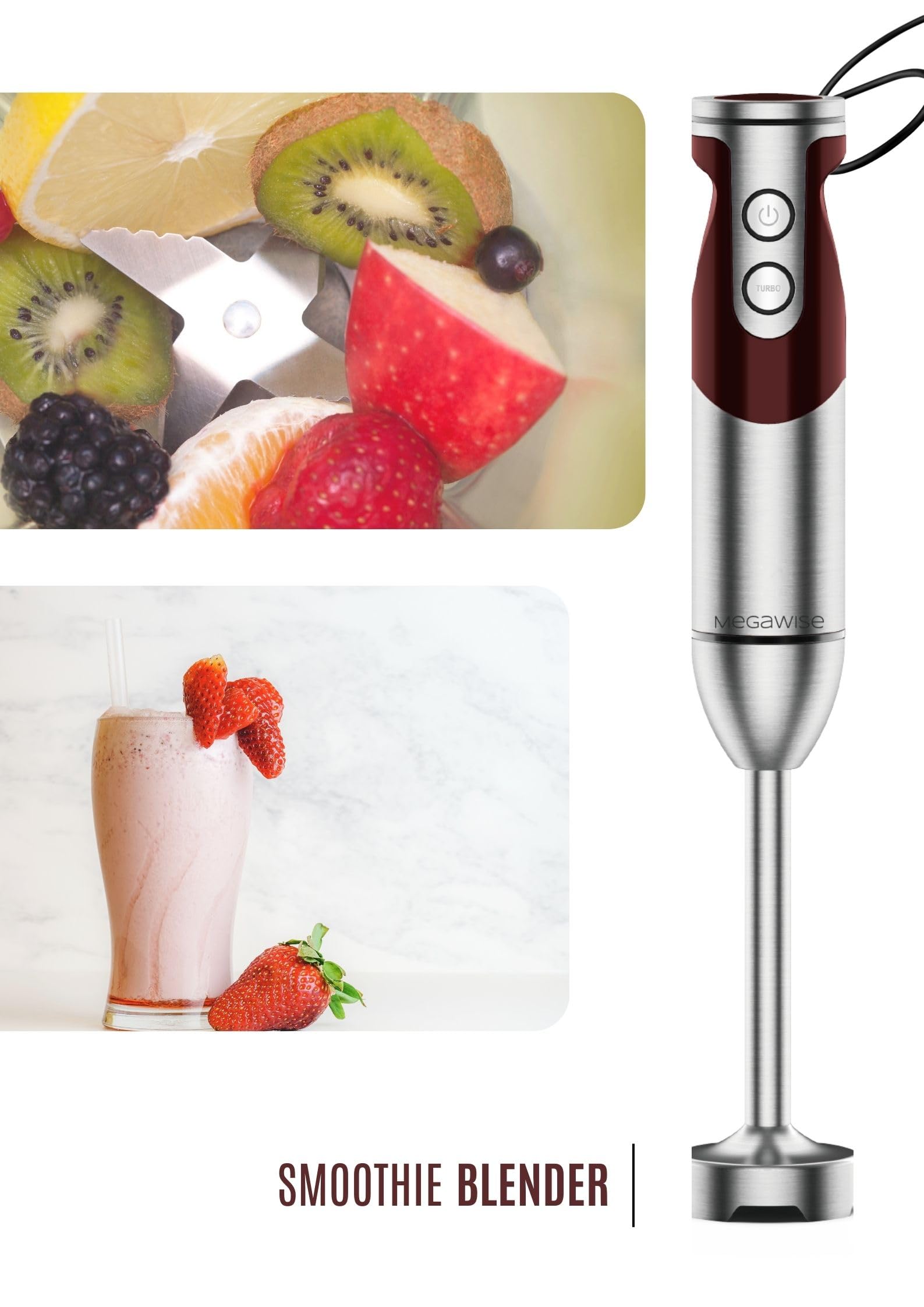 Megawise 3- In-1 Immersion Hand Blender, Powerful Motor & Stainless Steel Stick Blender, 4 Sharpe Blades With Whisk, Milk Frother Attachments