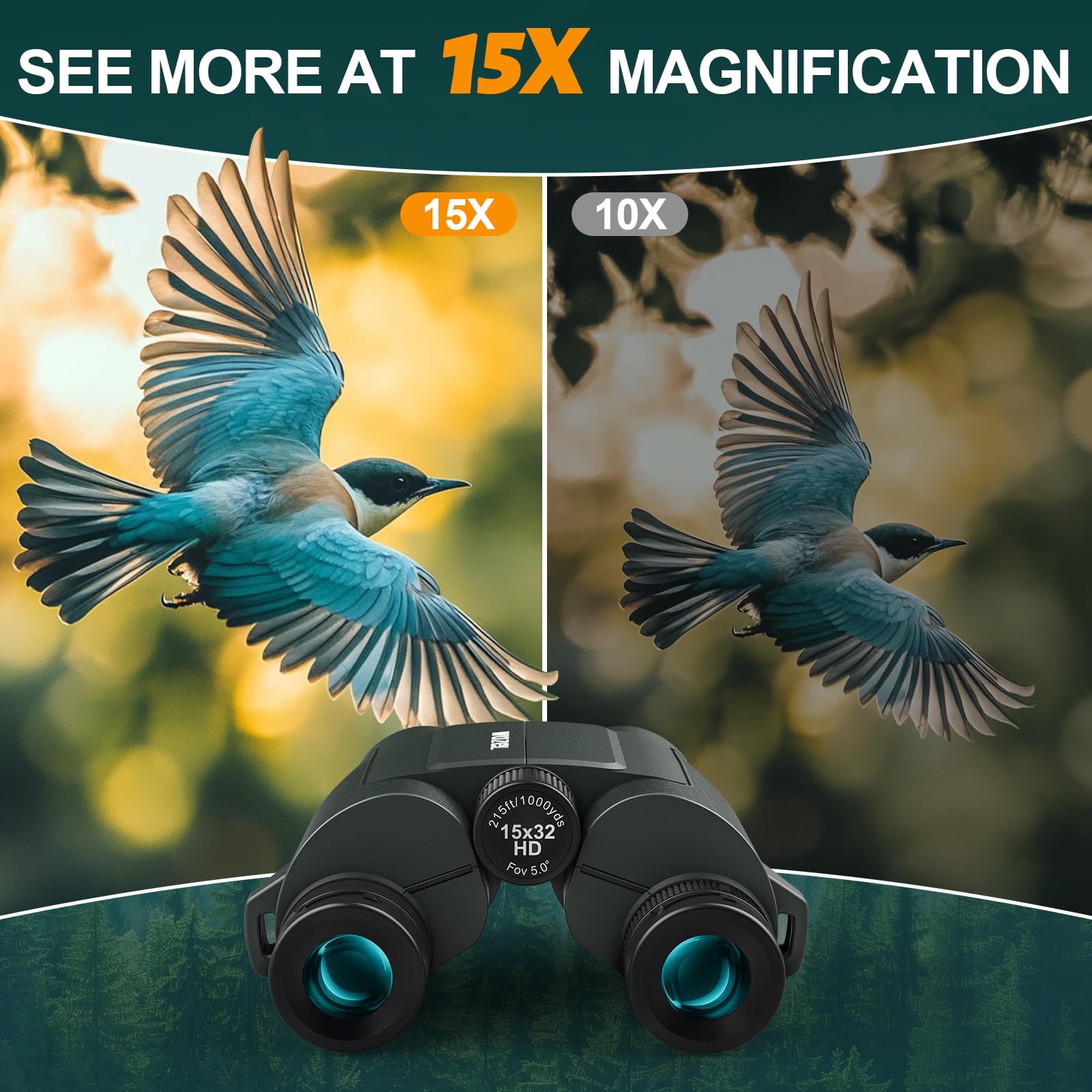 Wozel 15X32 Compact Binoculars For Adults And Kids - High Powered Small Binoculars For Bird Watching, Hunting, Travel, Hiking, Concert, Sports And Outdoors - Easy Focus With Large Objectives - Green