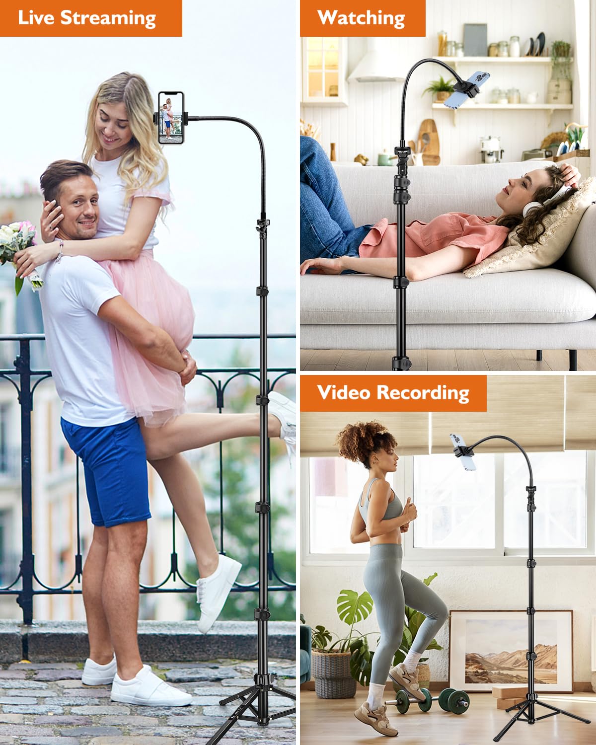 Victiv Phone Tripod Stand With Gooseneck And Remote, 85" Tall Tripod For Iphone Adjustable, Overhead Phone Stand For Recording/Watching/Cooking/Fitness/Vlog, Compatible With Iphone Android, Digital Camera