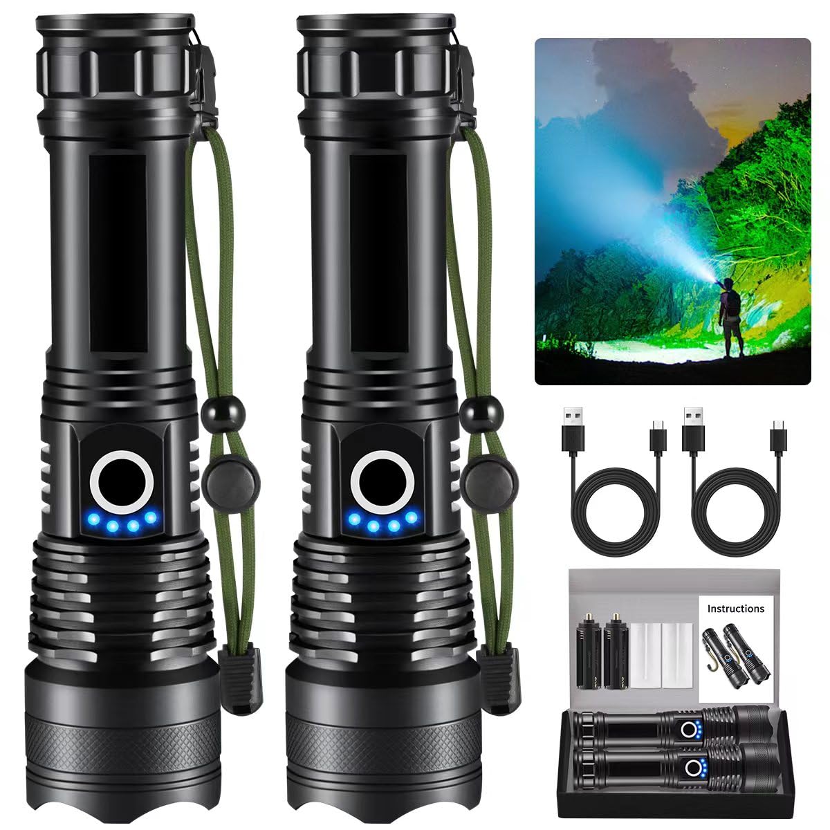 Lnryy Flashlights High Lumens Rechargeable, 2Pack Rechargeable Flashlights, 990000Lm Super Bright Flashlight, 5Mode Tactical Flashlights High Lumens, Led Flashlight High Powered, Waterproof Flash Light Led