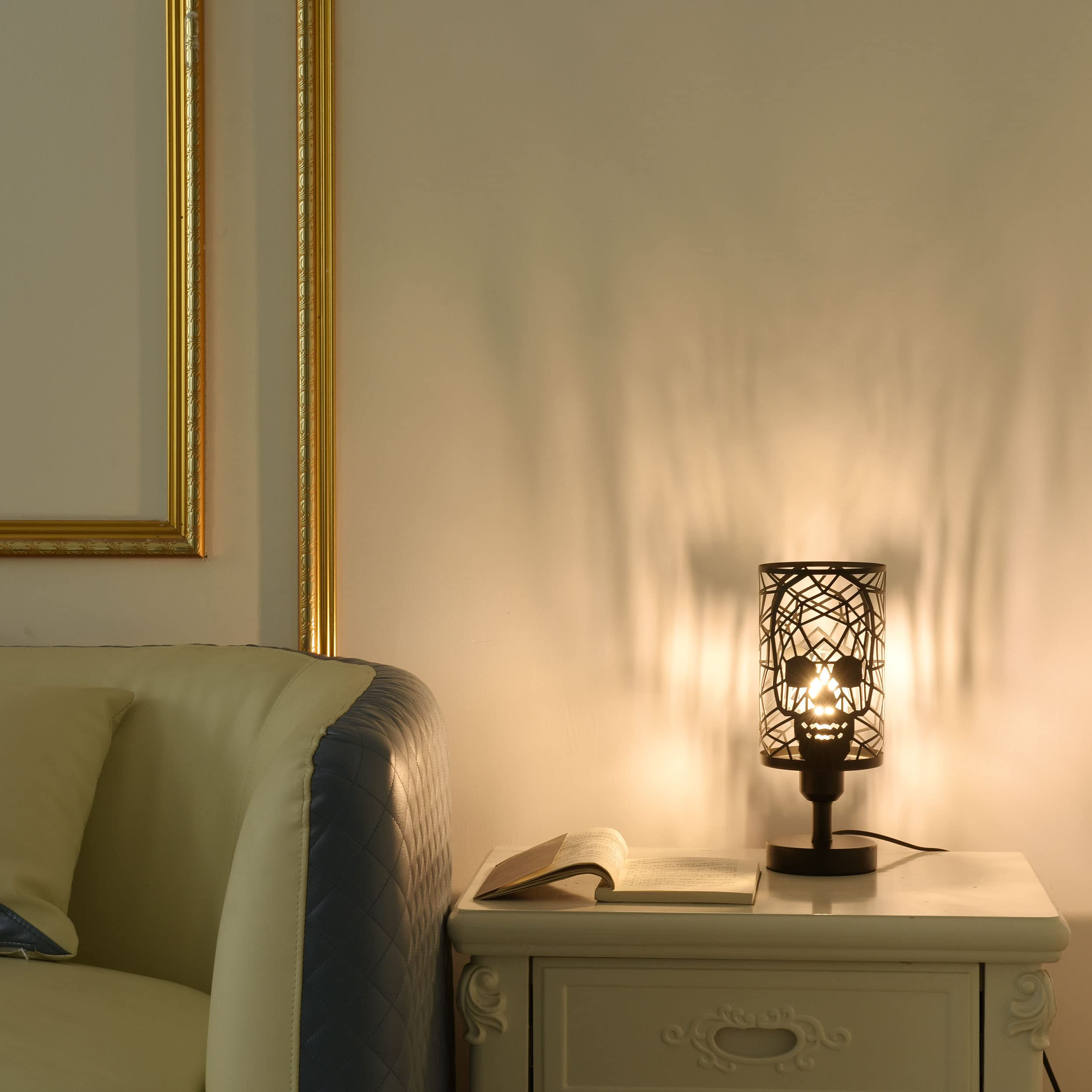 Modxian Skull Table Lamp With Plug-In Switch, Black Industrial Nightstand Lamp With Round Skull Metal Cage Lampshades, E26 Goth Desk Lamp For Bedroom, Festive (Plug-In Switch Lamp)