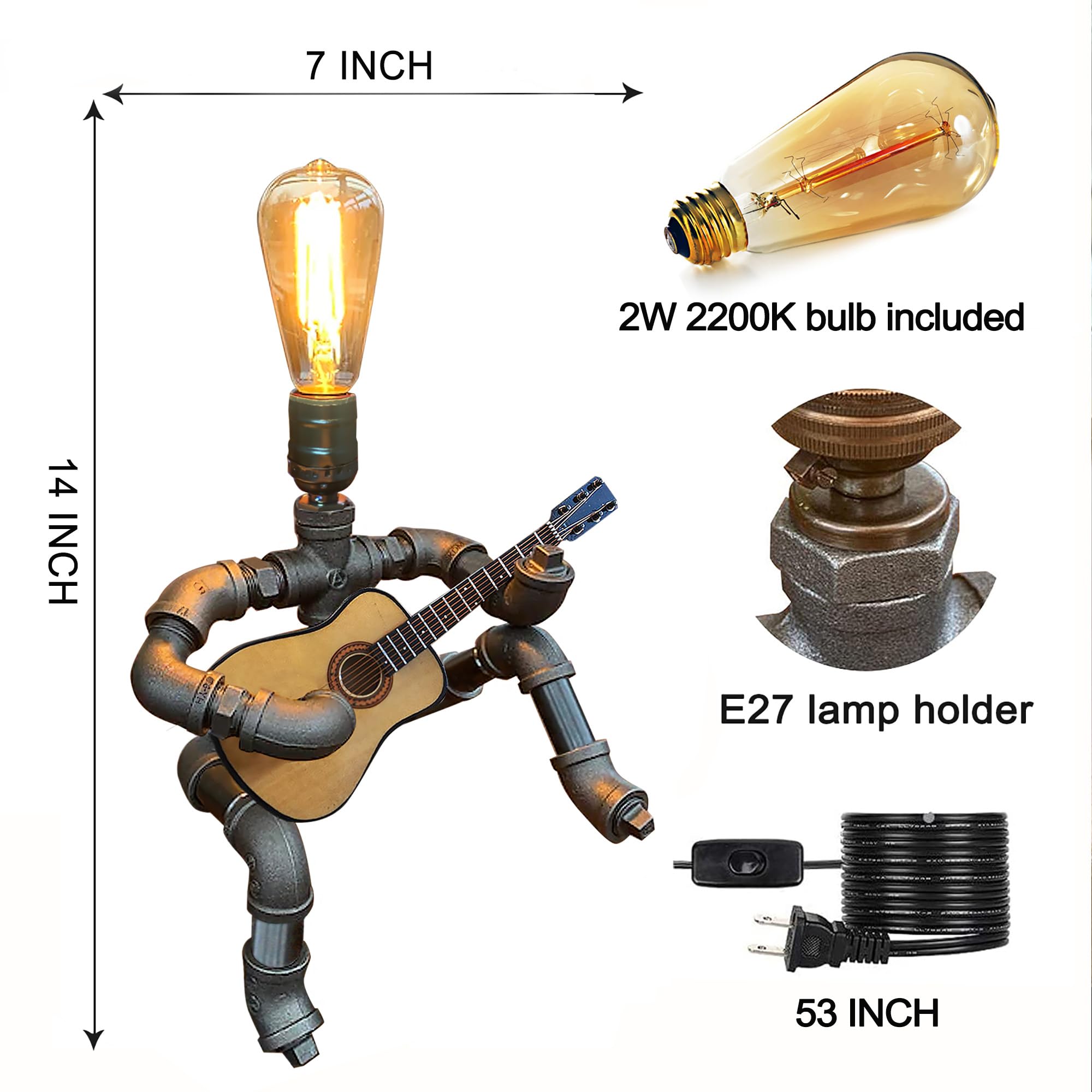 Skdm Music Guitar Table Lamp Art Decor, Guitar Themed For Men, Metal Industrial Robot Desk Lamp, Steampunk Vintage Pipe Lamp