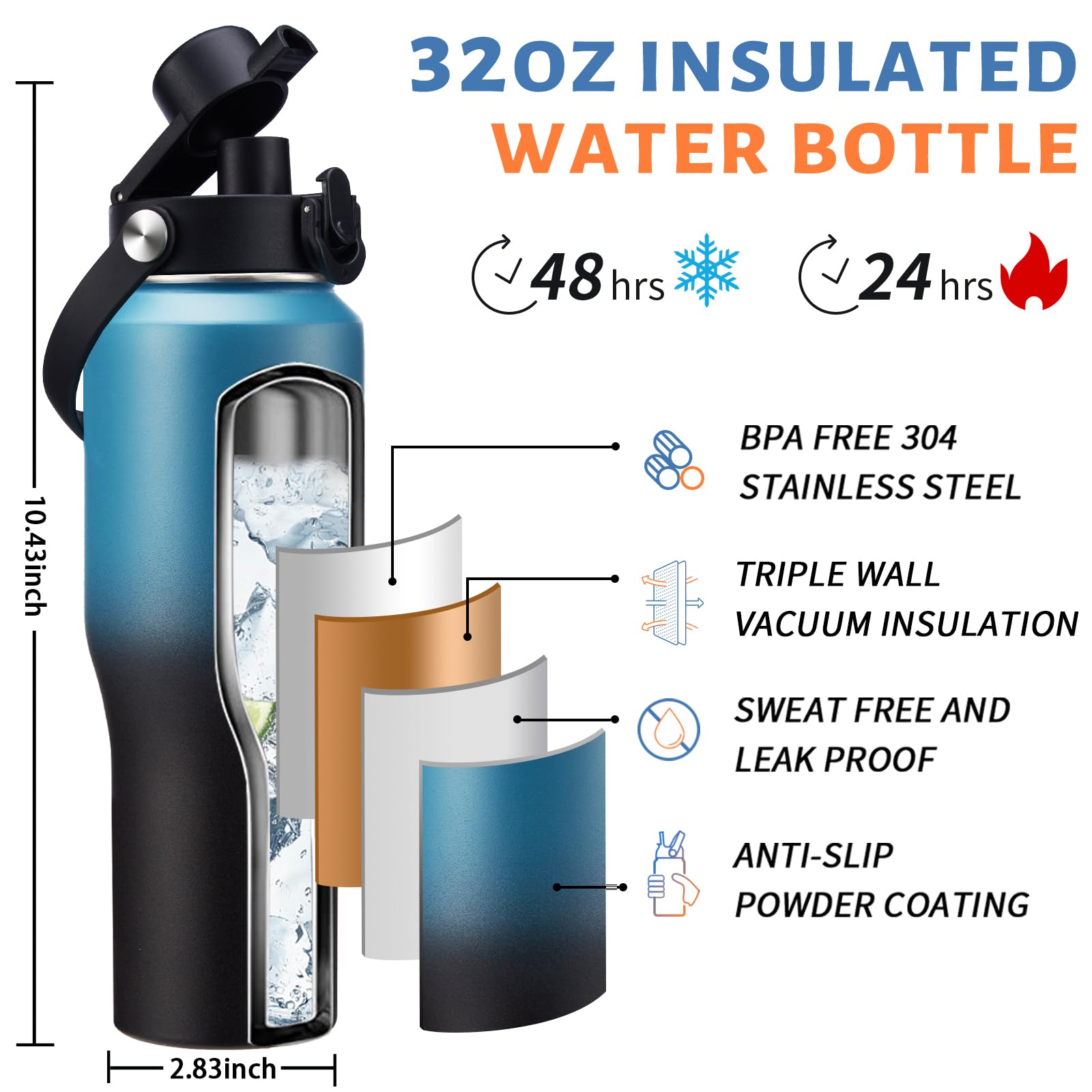 32 Oz Insulated Tumblers Metal Water Bottles - With Paracord Handle, Waterbottle With Straw