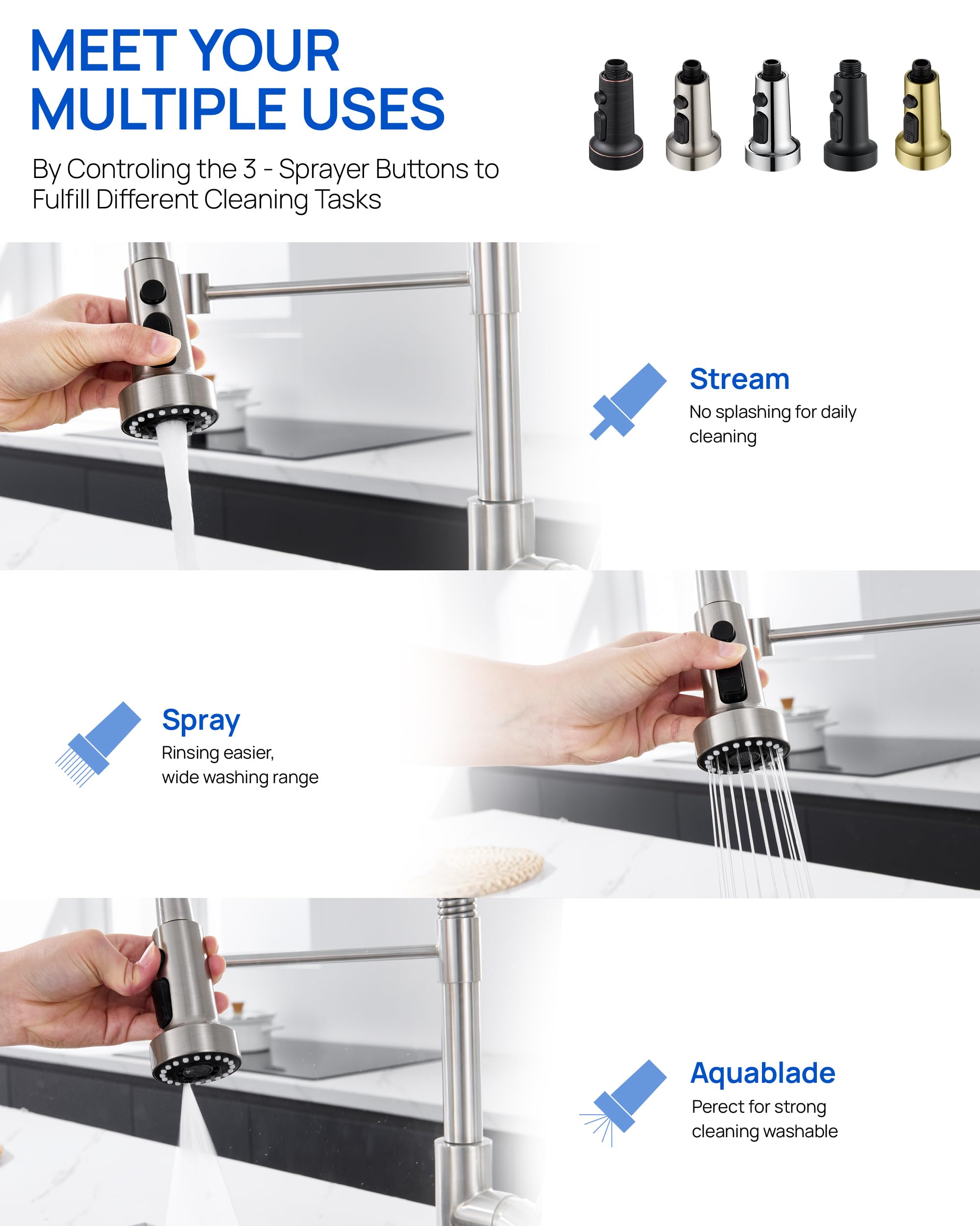 J-Hva Pull Down Kitchen Faucet Sprayer Head Replacement Part, 3 Function Pull Out Sink Sprayer Replacement Nozzle With 15 Adapters, Kitchen Faucet Head Hose Spray Tap Spout, Brushed Nickel