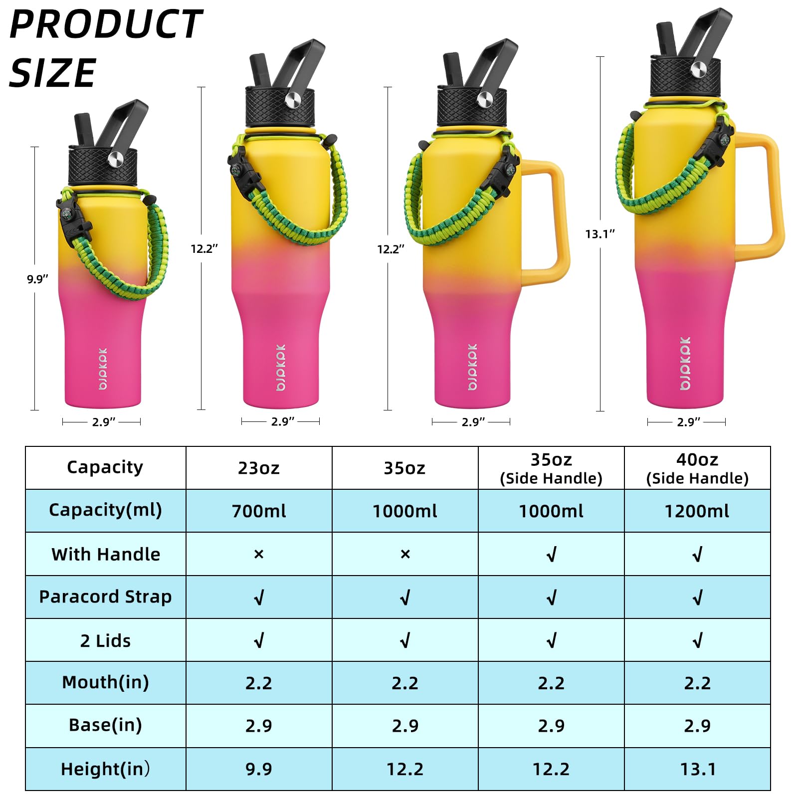 Bjpkpk Insulated Water Bottles With Straw Lid, 40Oz Metal Water Bottle With 2 Lids & Paracord