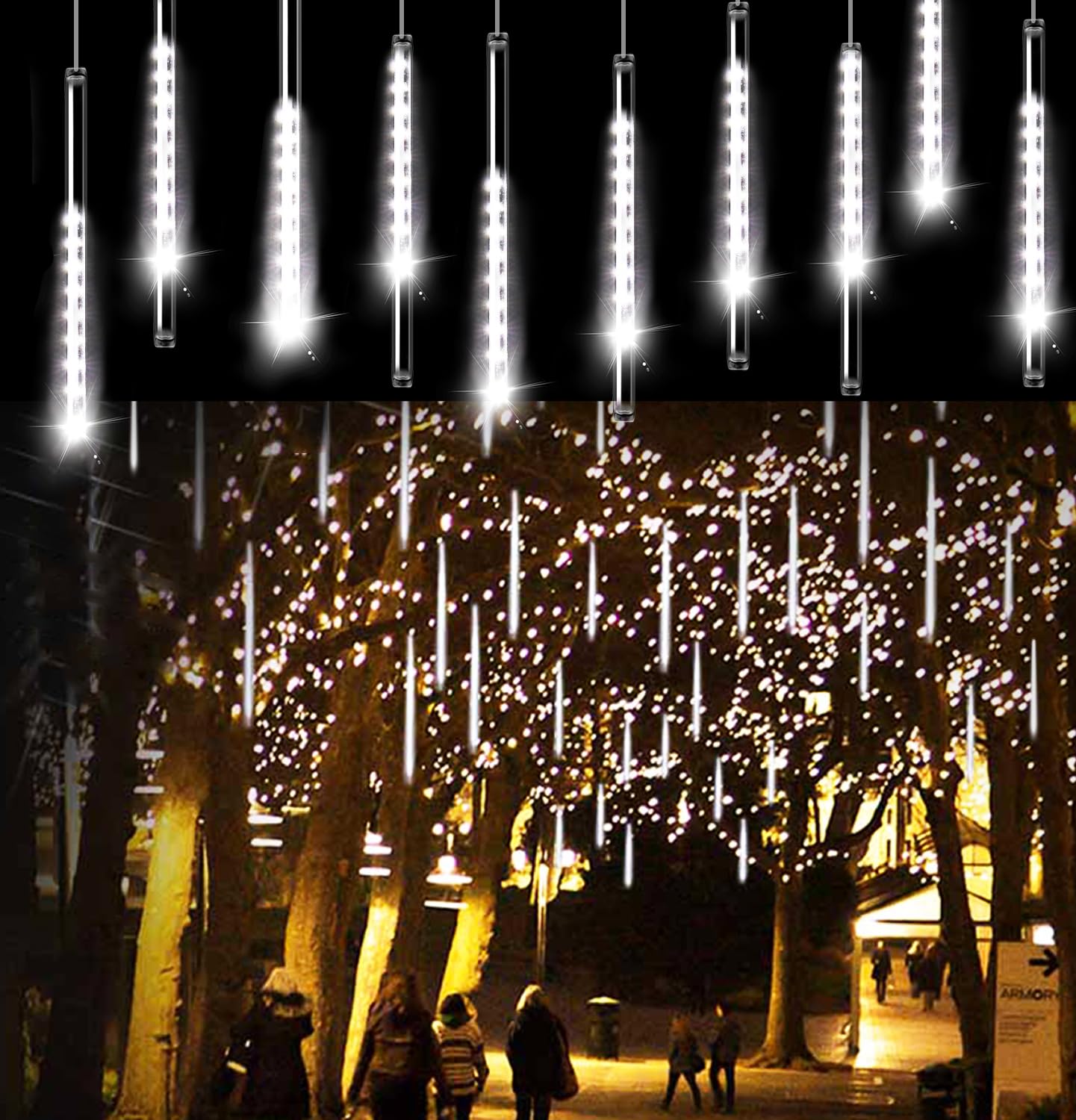 Aluan Christmas Lights Outdoor Meteor Shower Lights White 16 Inch 10 Tubes 360 Led Falling Rain Light Waterproof Snowfall Dripping Icicle Light For Xmas Tree Holiday Decoration Yard Porch Patio