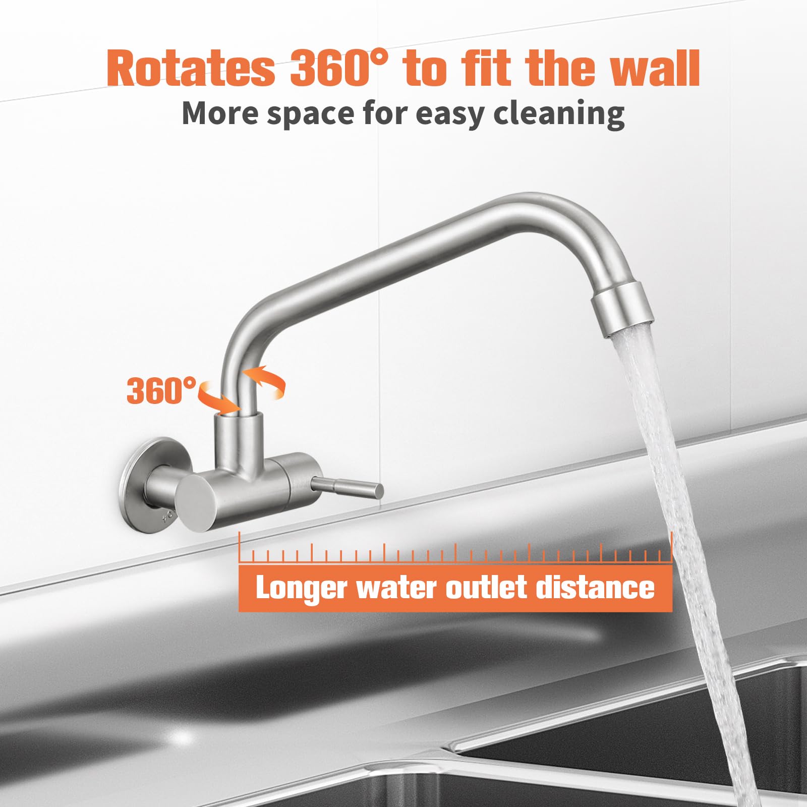 Totalize Wall Mount Faucet Cold Only,G1/2 Inch Cold Kitchen Utility Sink Faucet Sus304 Stainless For Commercial Laundry Sink Brushed Nickel