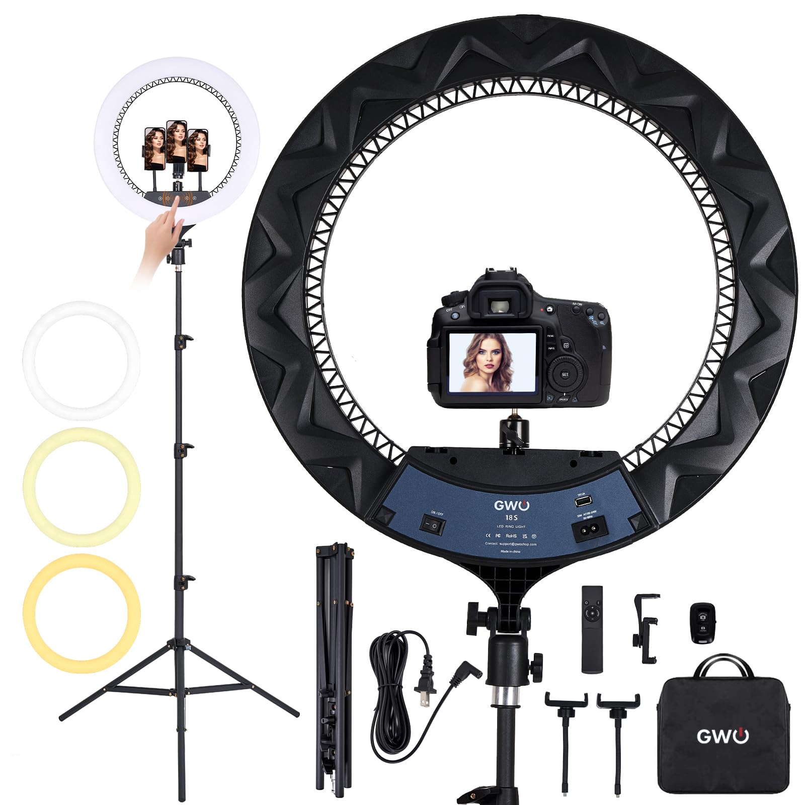 Gwo 18 Inch Led Ring Light With Tripod Stand 6000K Dimmable Makeup Selfie Light With Touch Panel Phone Holders For Youtube Vlog Video Shooting Include Carrying Bag And Remote Control Cri90