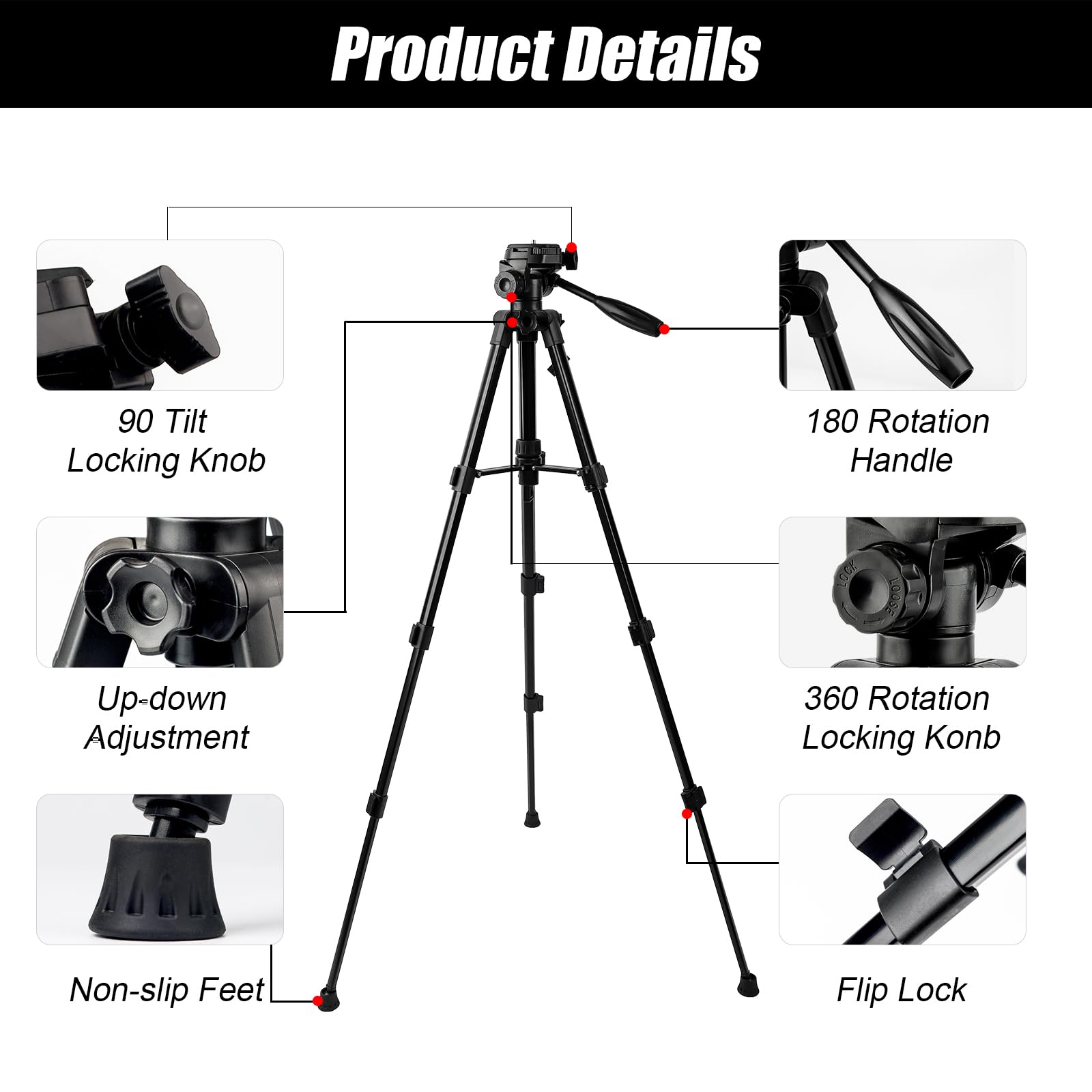 Vnw 47Inch Tripod With Bubble Level And Quick Release Plate,1/4"-20 Screw Mount - Compatible With Laser Level And Camera