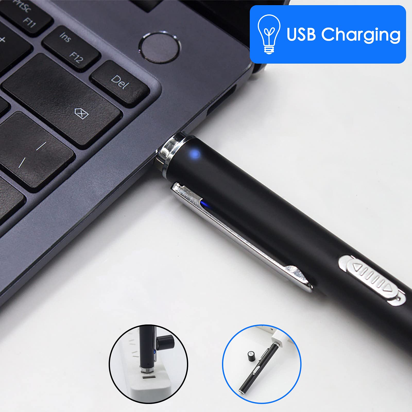 Aleoed Usb Rechargeable Pen Light Black Reusable Led For Students Doctors Nurses With 2 Led Sources, Extra Warm Light Bulb, Pocket Clip
