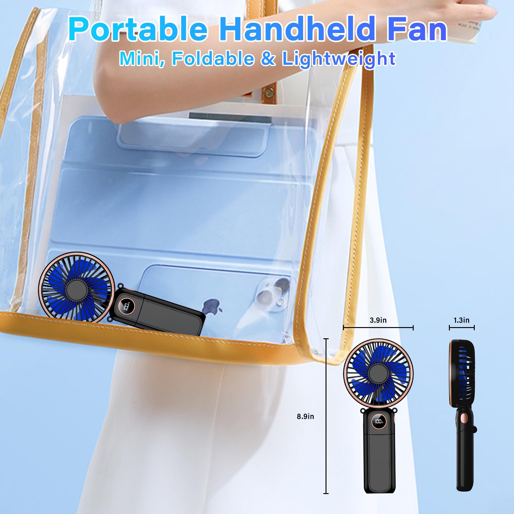 Portable Handheld Fan 5200Mah Usb Rechargeable, 180° Foldable Electric Personal Small Mini Hand Held