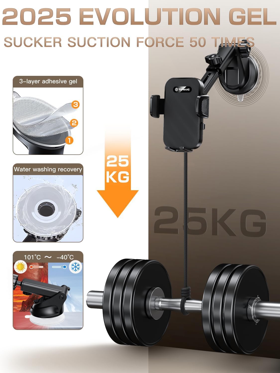 Topmake Car Phone Holder Mount,【 】 3-In-1 Cell Phone Holder For Car, Dashboard Windshield, Suction Cup Hands- Car Phone Stand, Automobile Cradles Universal,Black