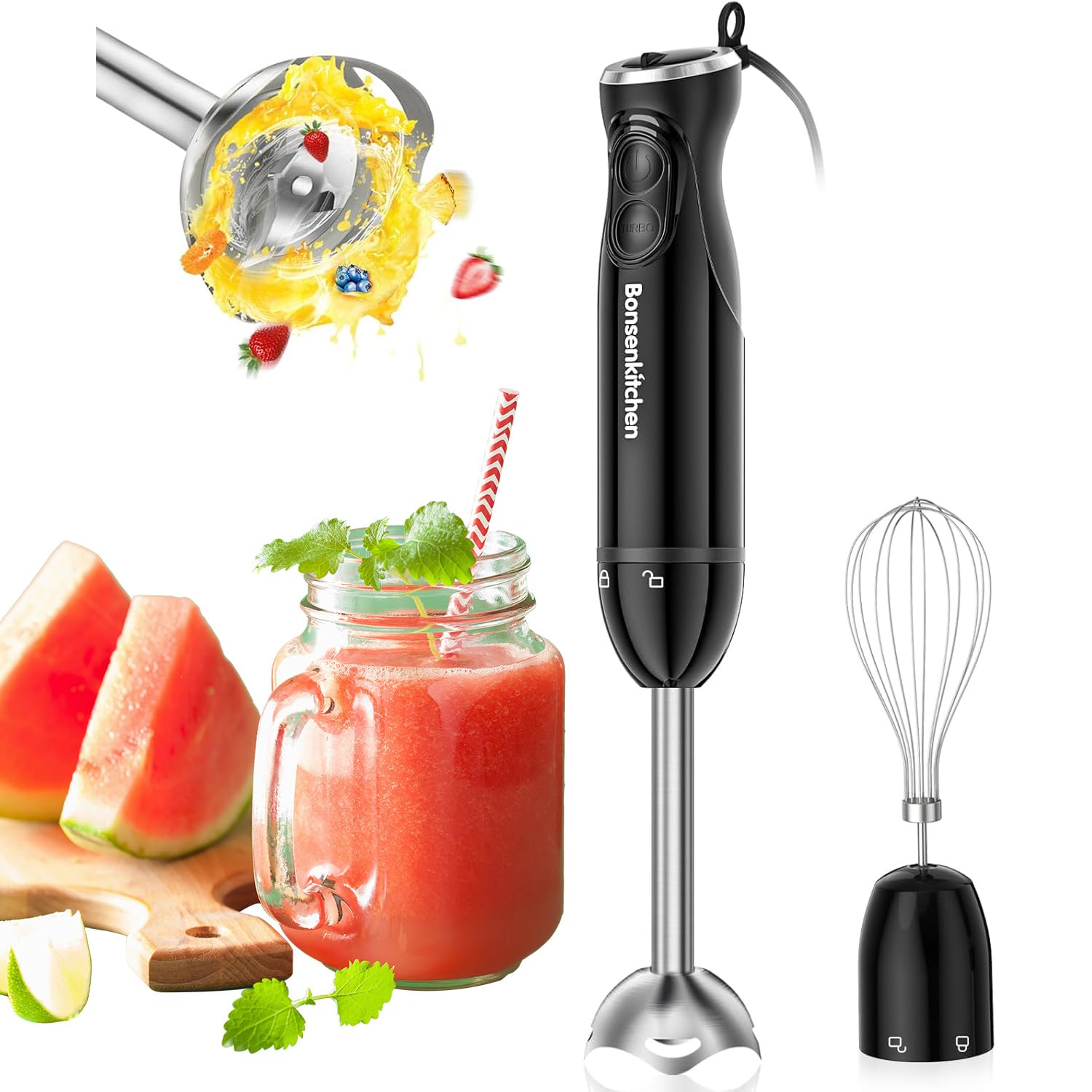 Bonsenkitchen Immersion Blender, 12-Speed & Turbo, Electric Stick Blender With Sharp Blades, Egg Whisk, 24Oz Beaker, Perfect For Soups, Smoothies, Sauces, Easy Clean, Versatile