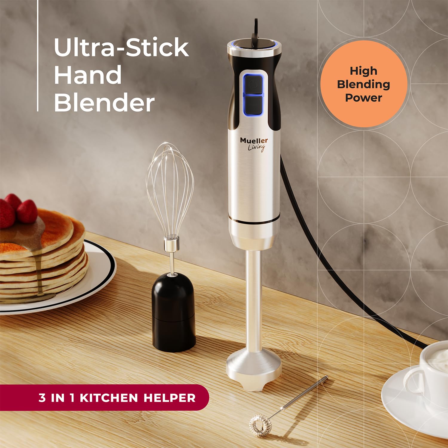 Mueller Immersion Blender Handheld 8 Speed Stainless Steel Electric Hand Blender, 3 In 1 Emulsion Blender Handheld With Turbo Mode, Stick Blender Emulsifier For Kitchen For Soup, Smoothie, Puree